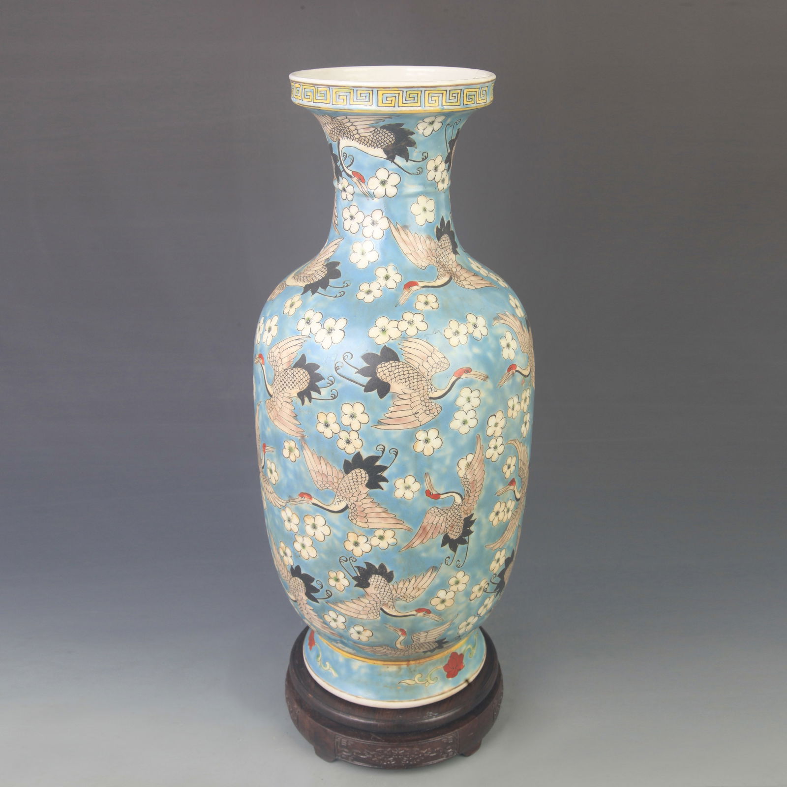 FAMILLE ROSE LARGE VASE WITH BLUE GROUND AND PHOENIX DESIGN: Qing Dynasty; Kangxi Period; High: 17.0 inch; Diameter: 7.50 inch;