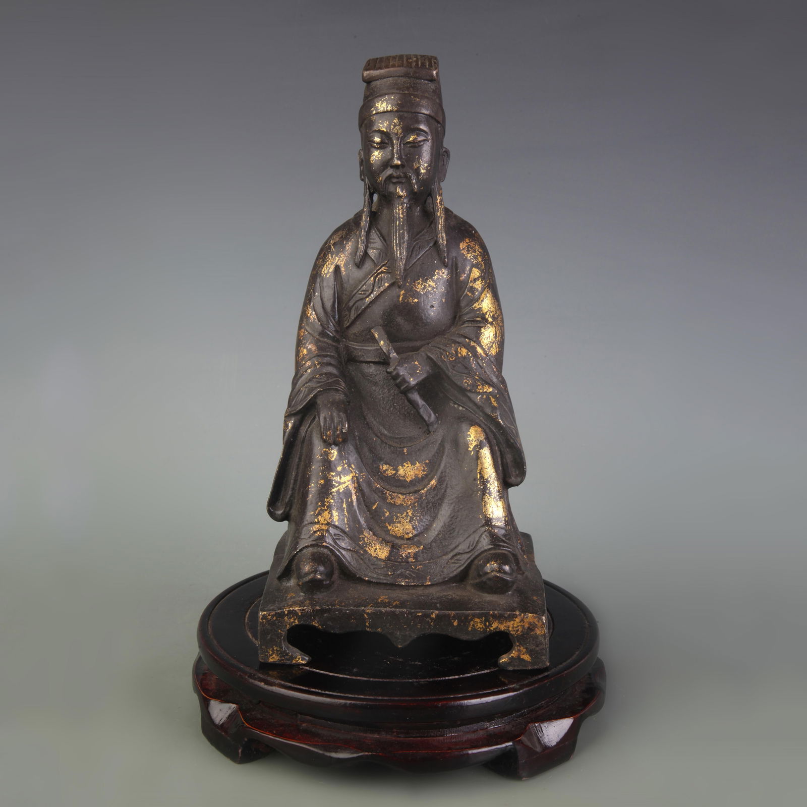 A FINE BRONZE CIVIL OFFICIAL WEALTH GOD STATUE: Qing Dynasty; High: 9.4 inch