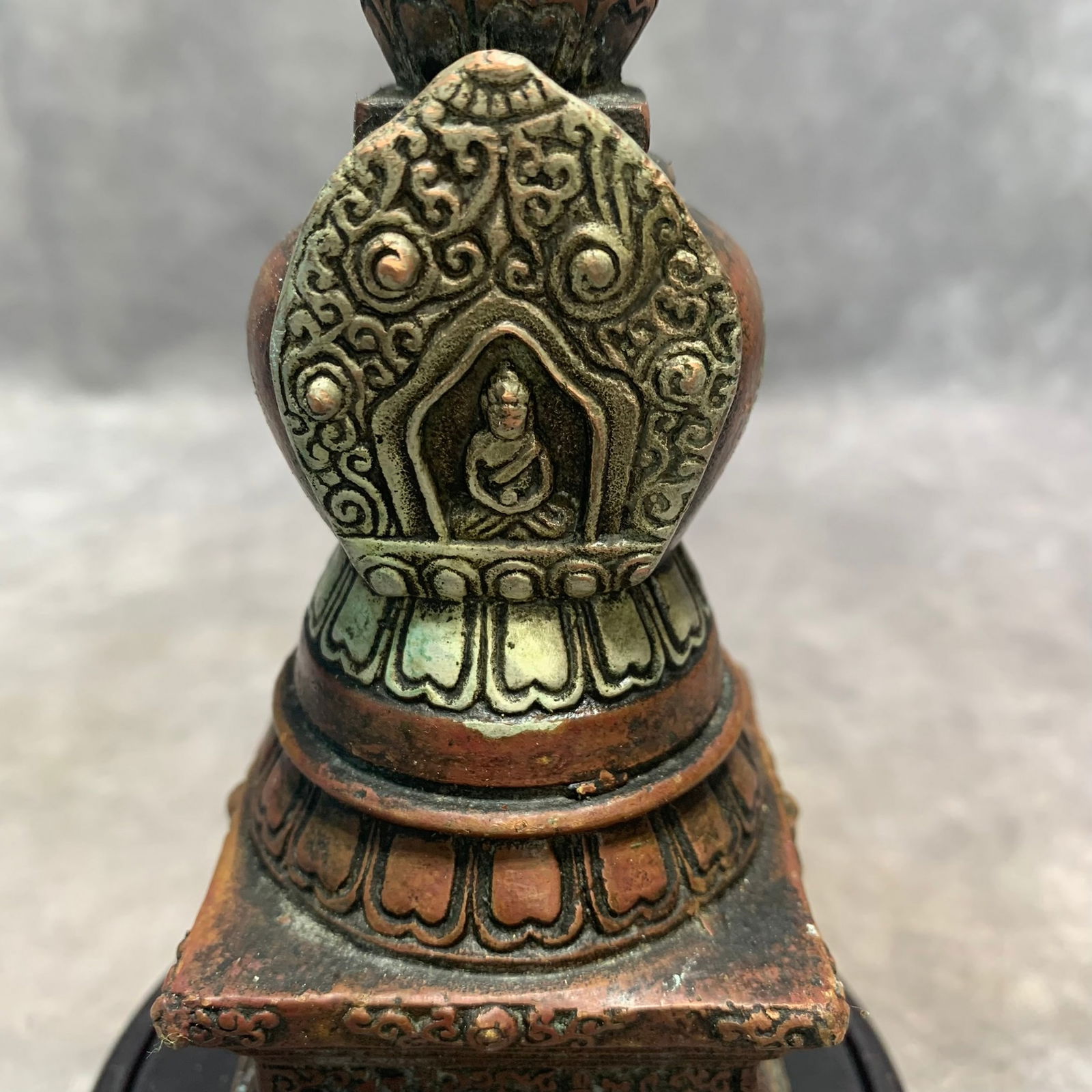 BRONZE AND SILVER-INLAID BUDDHIST STUPA - 2
