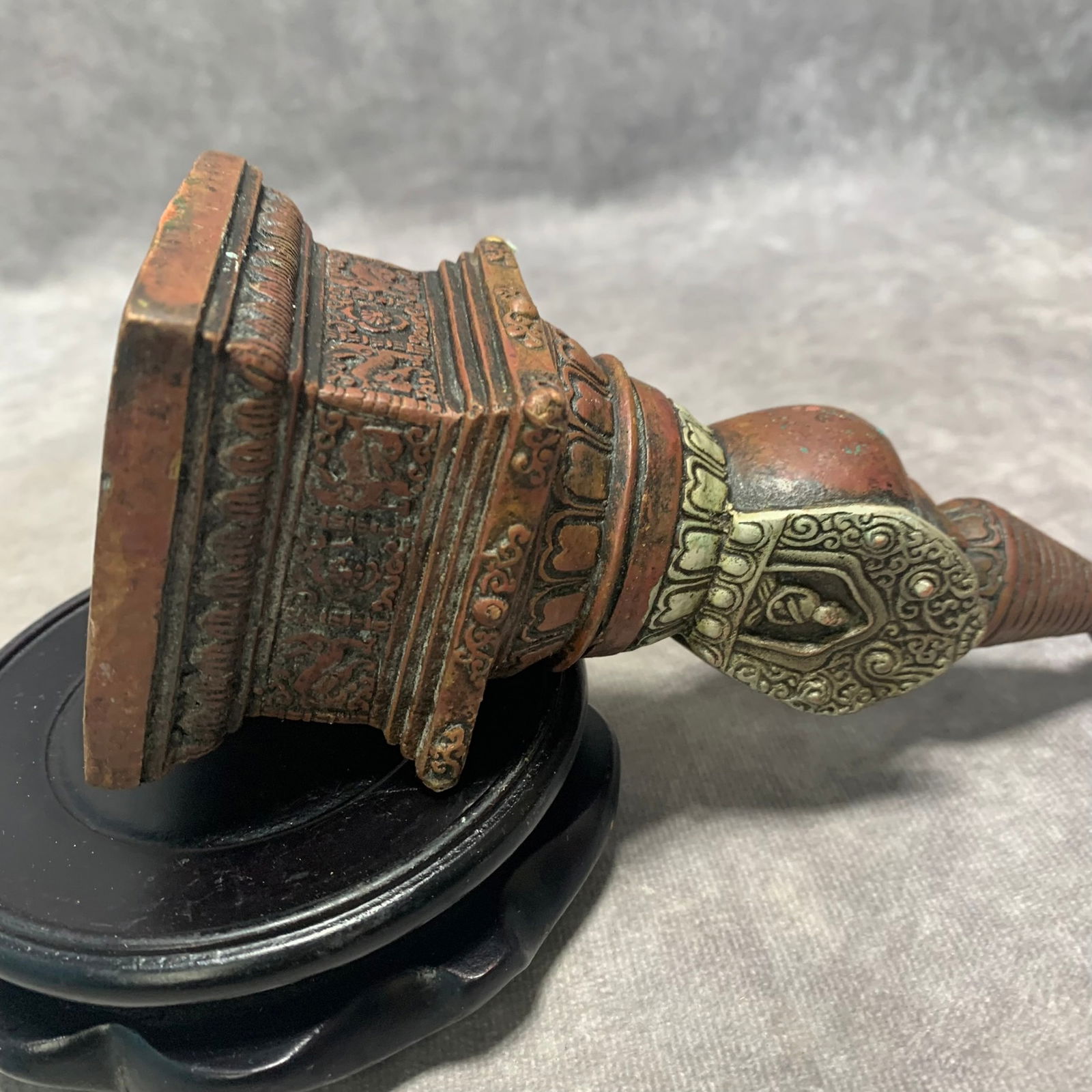 BRONZE AND SILVER-INLAID BUDDHIST STUPA - 5