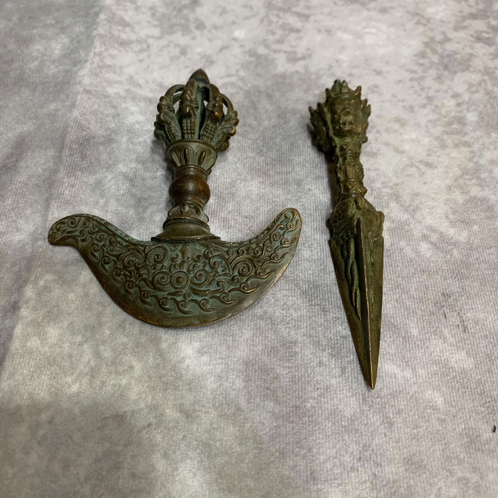 TWO TIBETAN BUDDHIST RITUAL INSTRUMENTS: Modern; Width: 4.0 inch; High: 4.7 inch; Width: 0.9 inch; High: 5.7 inch;