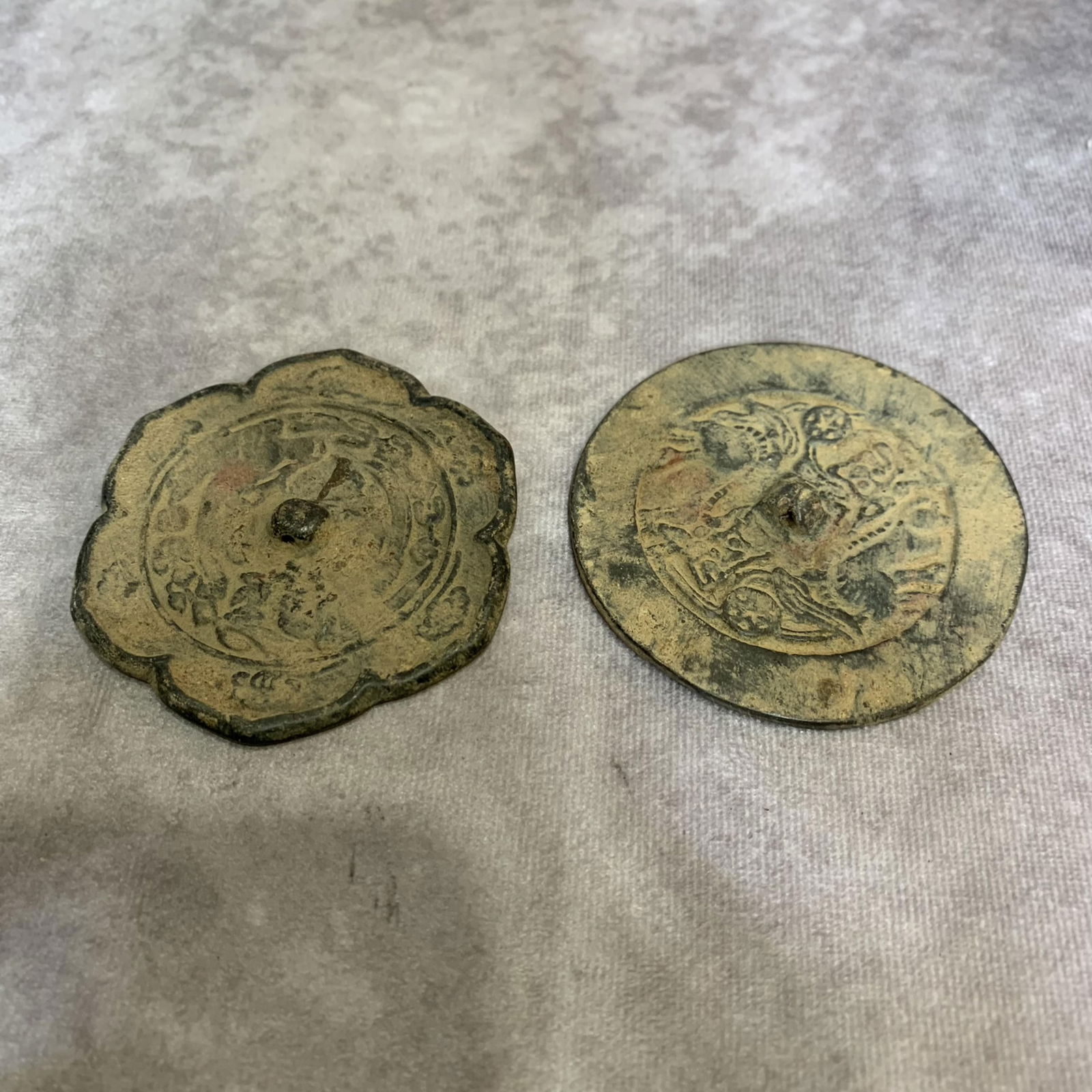 GROUP OF TWO SMALL BRONZE MIRROR: Diameter: 3.0 inch