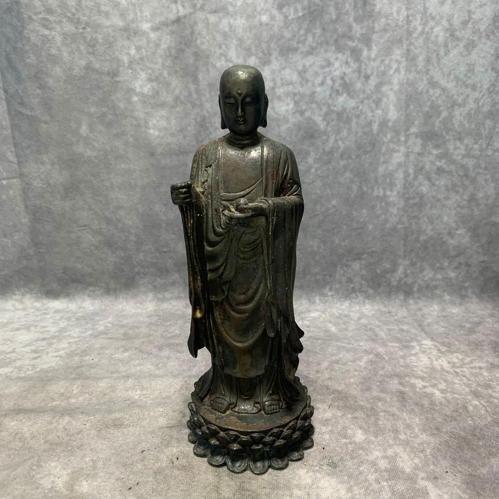 BRONZE KSITIGARBHA BODHISATTVA STATUE: Qing Dynasty; Long: 3.6 inch Width: 3.3 inch High: 8.1 inch