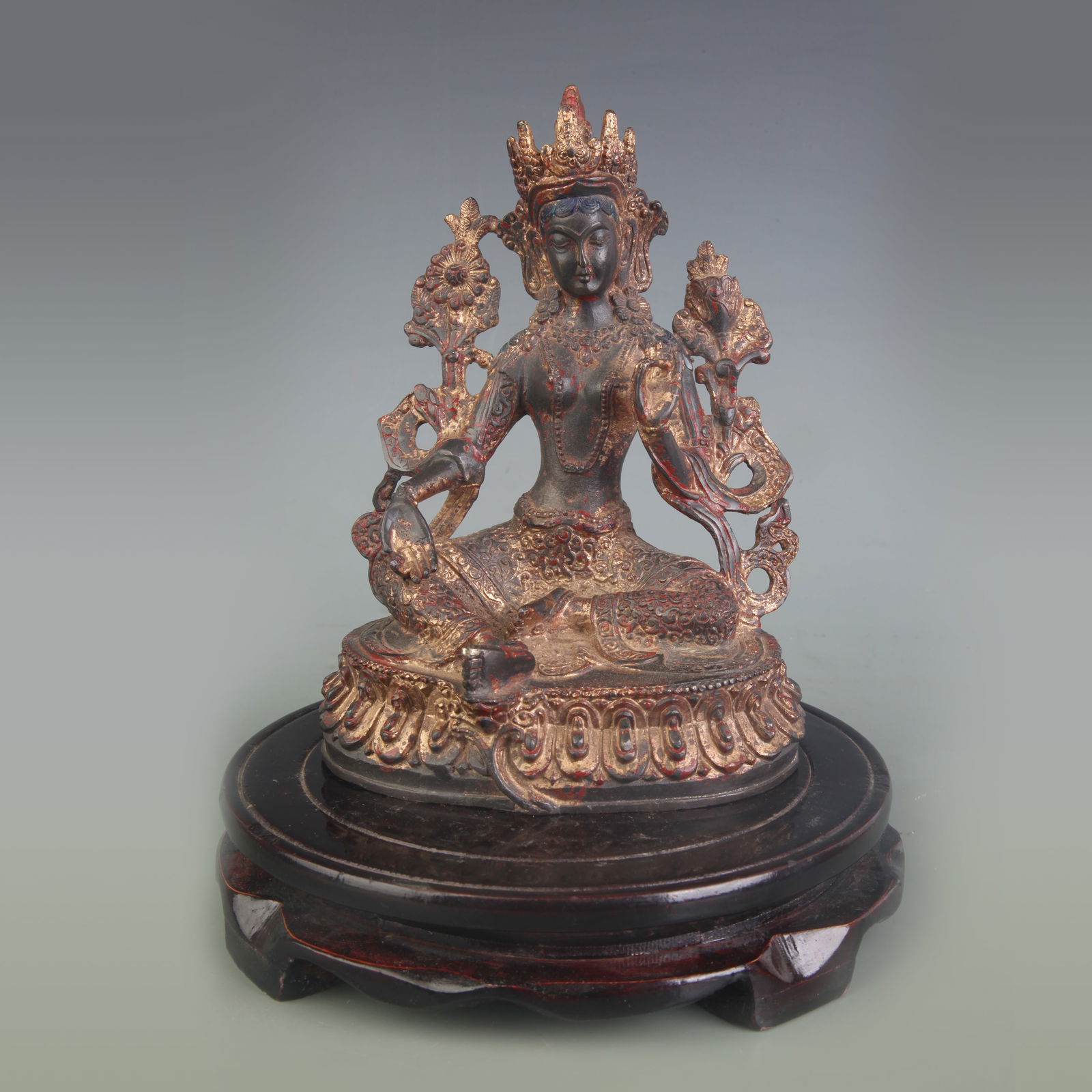 A FINE GILT BRONZE GREEN TARA STATUE: Qing Dynasty; Width: 4.9 inch; High: 6.8 inch