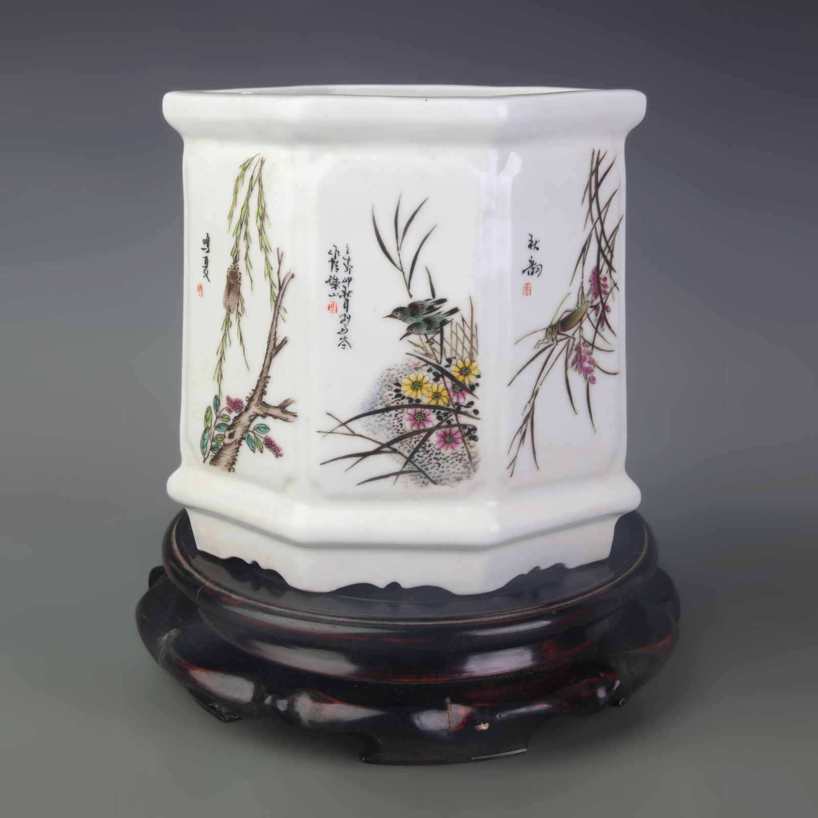 FAMILLE ROSE HEXAGONAL FLORAL AND BIRD PATTERN PORCELAIN BRUSH POT: Republic Period; Width: 8.0 inch; High: 8.0 inch