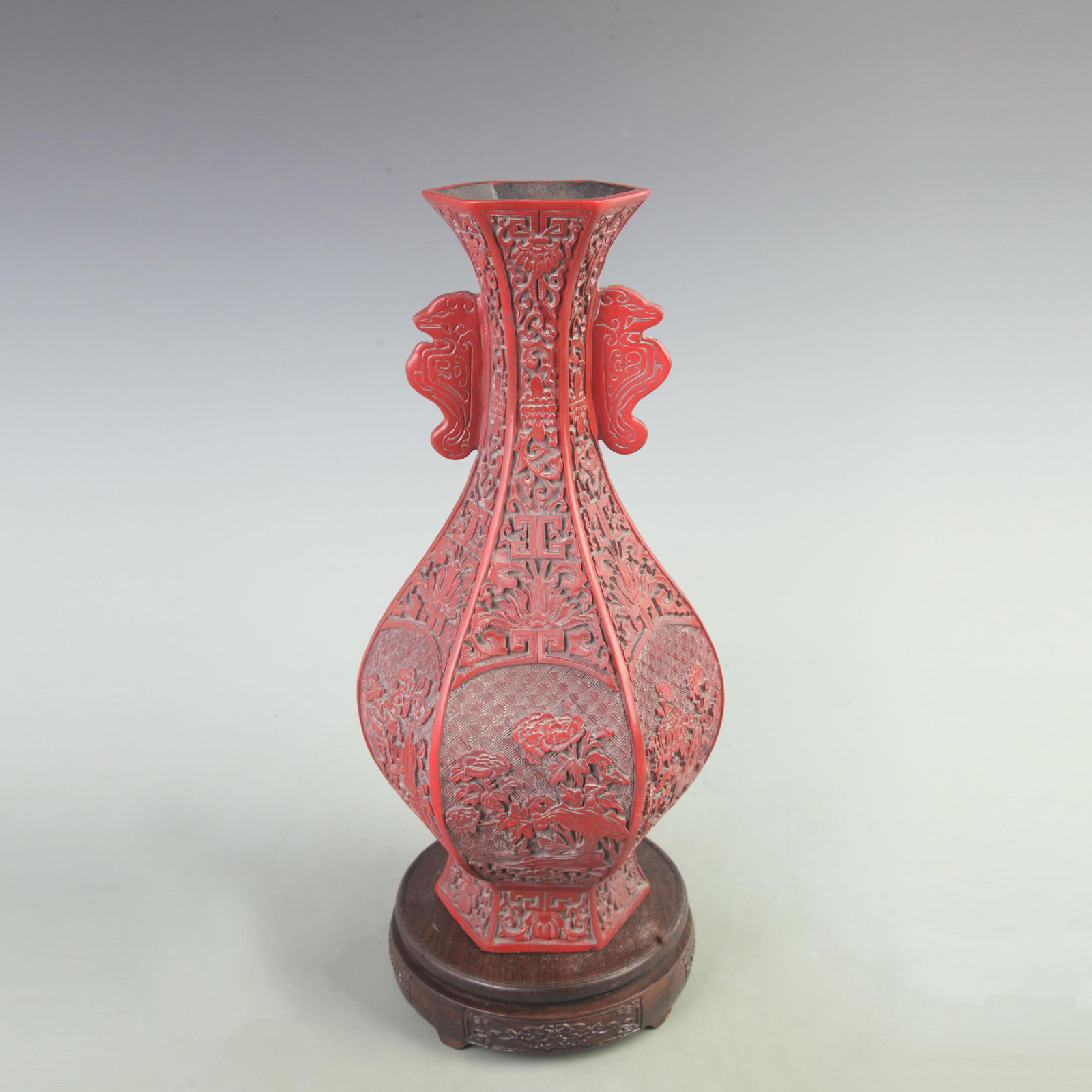 RARE FINE RED CARVED LACQUER FLOWER CARVING VASE: Qing Dynasty; High: 14.8 inch; Width: 7 inch; Long: 7 inch;