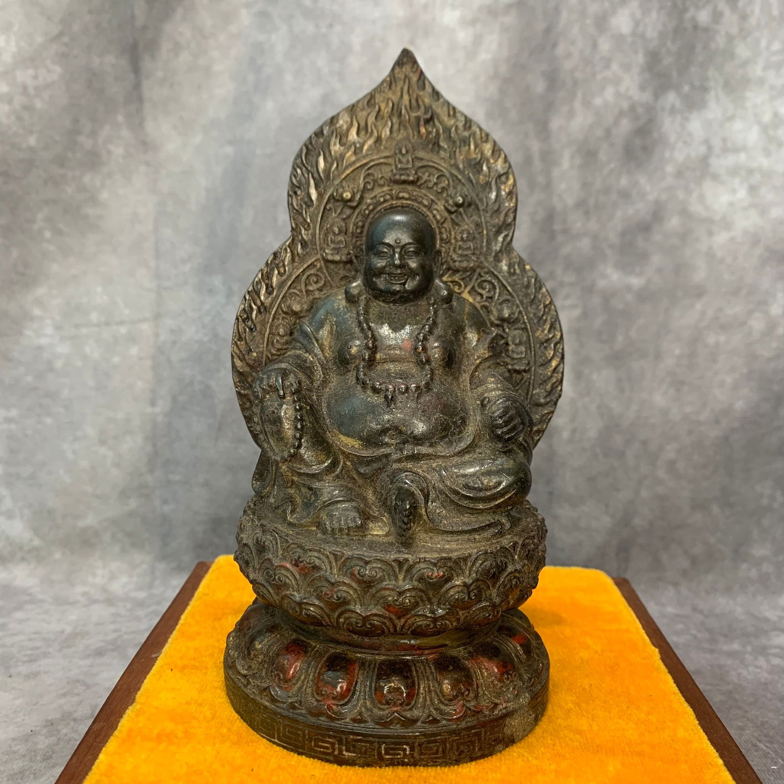 A FINE BRONZE MAITREYA BUDDHA STATUE: Qing Dynasty; High: 6.7 inch; Width: 3.4 inch; Long: 3.8 inch