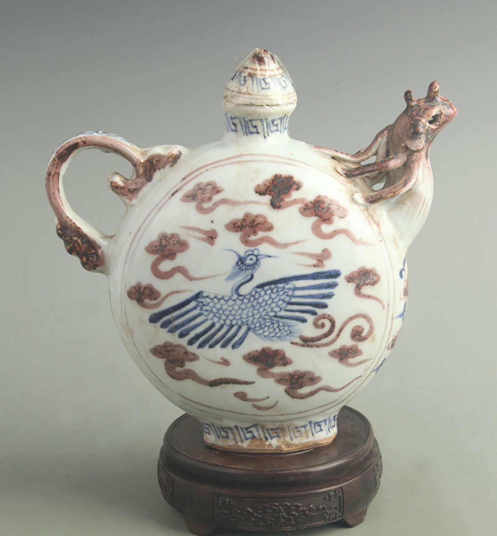 BLUE AND WHITE UNDERGLAZE RED PHOENIX PATTERN EWER - 4