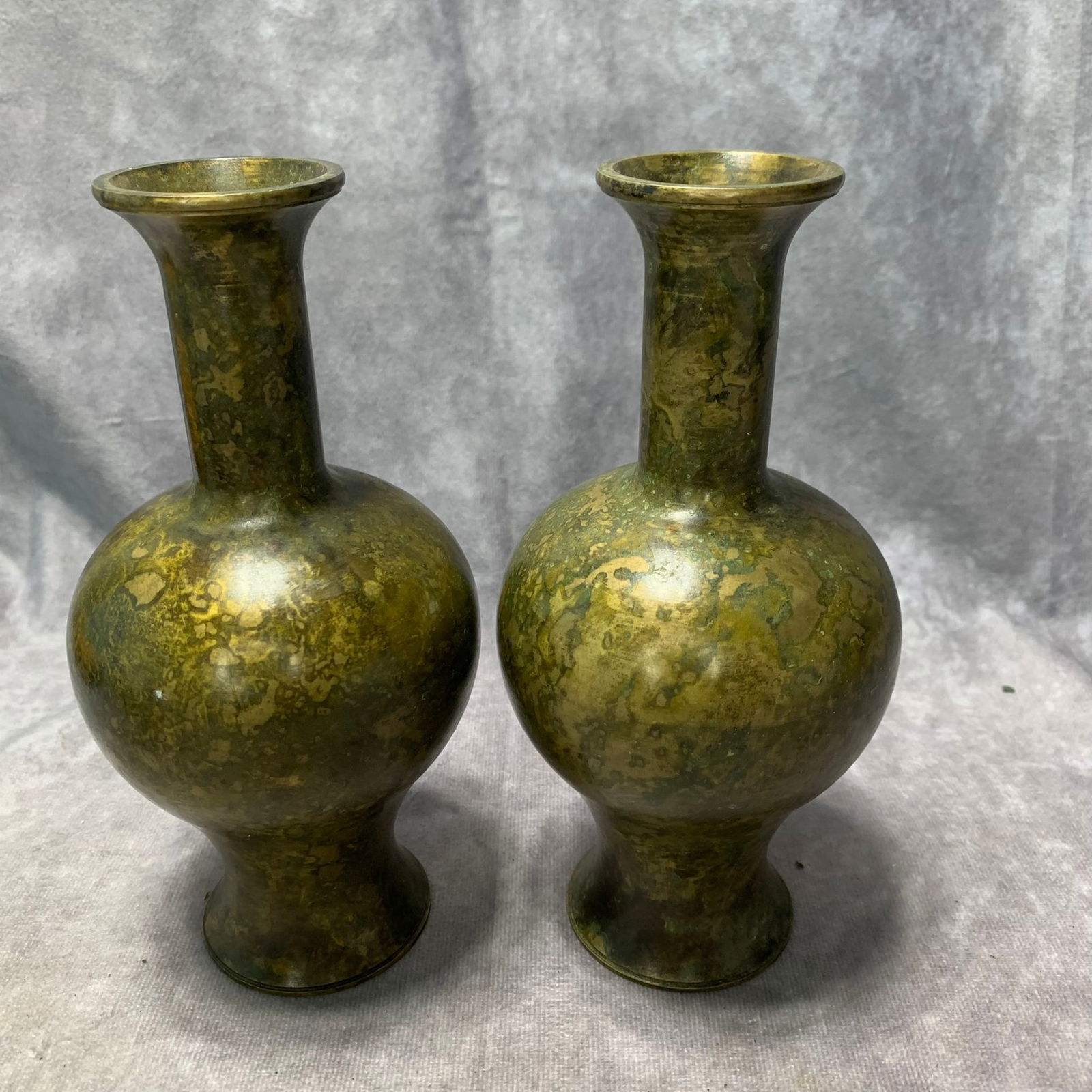 PAIR OF BRONZE LONG NECK VASES: Qing Dynasty; High: 7.2 inch; Diameter: 3.4 inch;