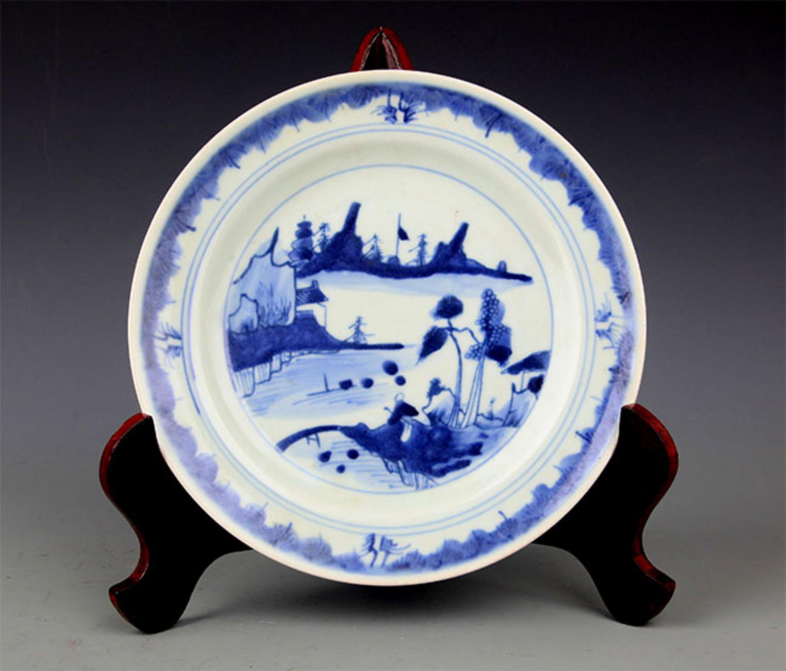 BLUE AND WHITE LANDSCAPE AND FIGURE PORCELAIN PLATE: Qing Dynasty; High: 1.0 inch; Diameter: 8.5 inch;