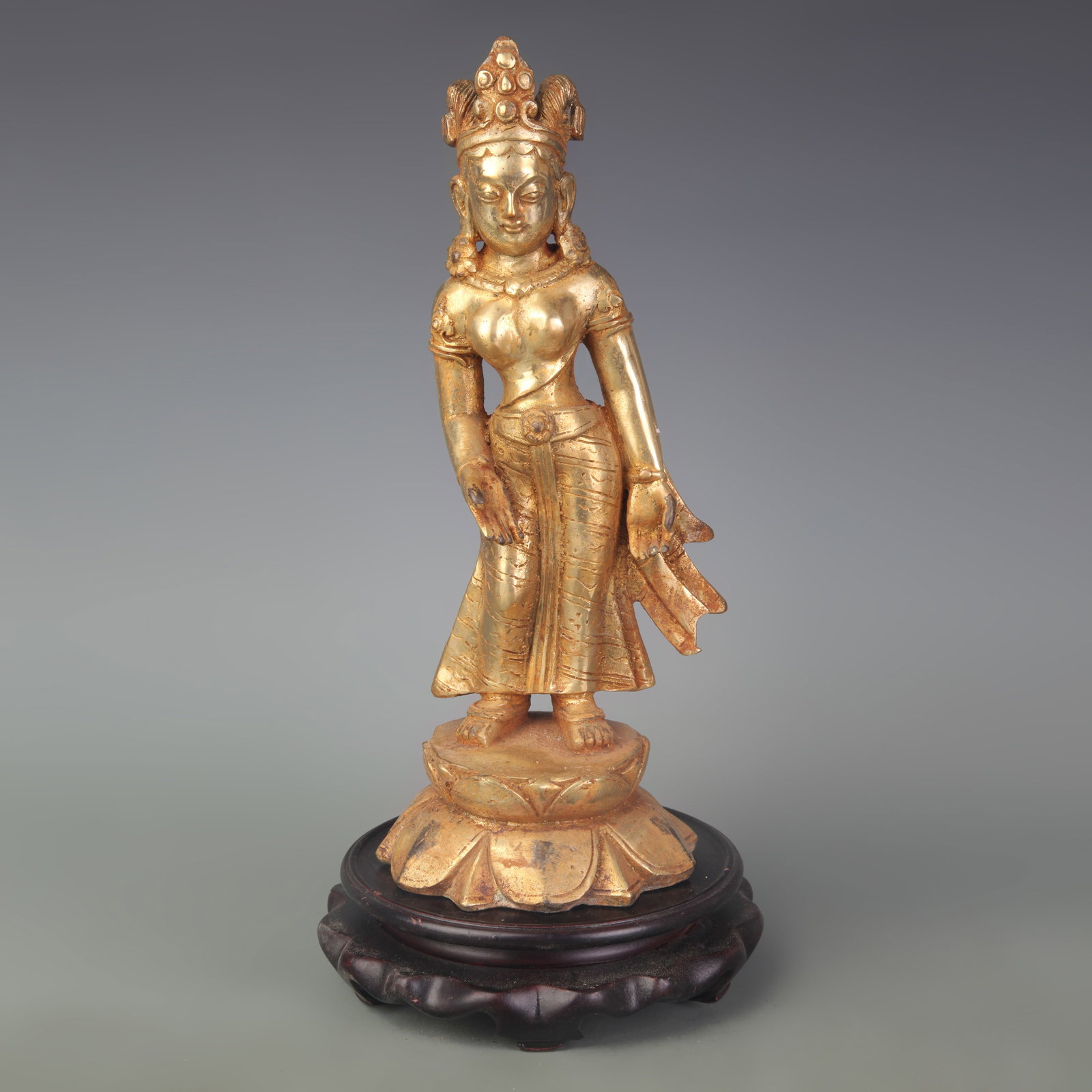 A RARE BRONZE GILT BUDDHA STATUE: Qing Dynasty; Width: 4.2 inch; High: 10.2 inch;