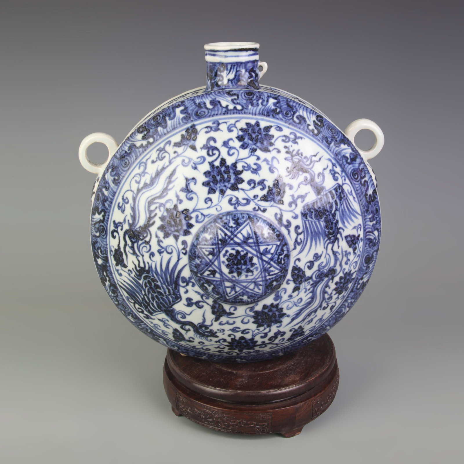 BLUE AND WHITE COLOR MOON FLOWR PATTERN MOON STYLE PORCELAIN VASE: Ming Dynasty Style, Long: 10.3 inch; Width: 9.3 inch; High: 4.1 inch;
