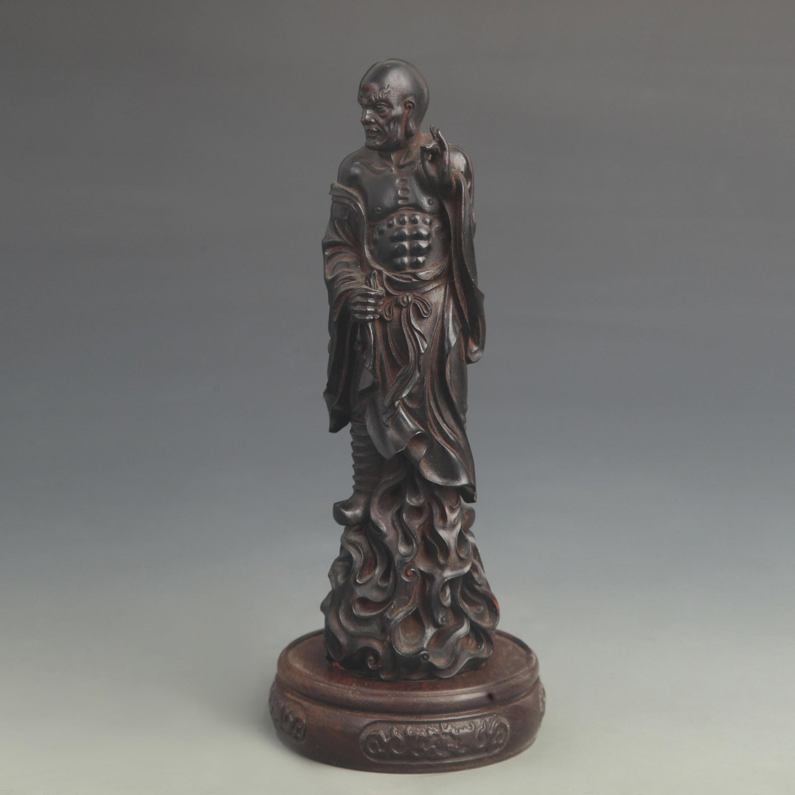 A FINE BLACK SANDALWOOD CARVED ARHAT STATUE: 20th Century; High: 8.50 inch; Width: 2.25 inch;