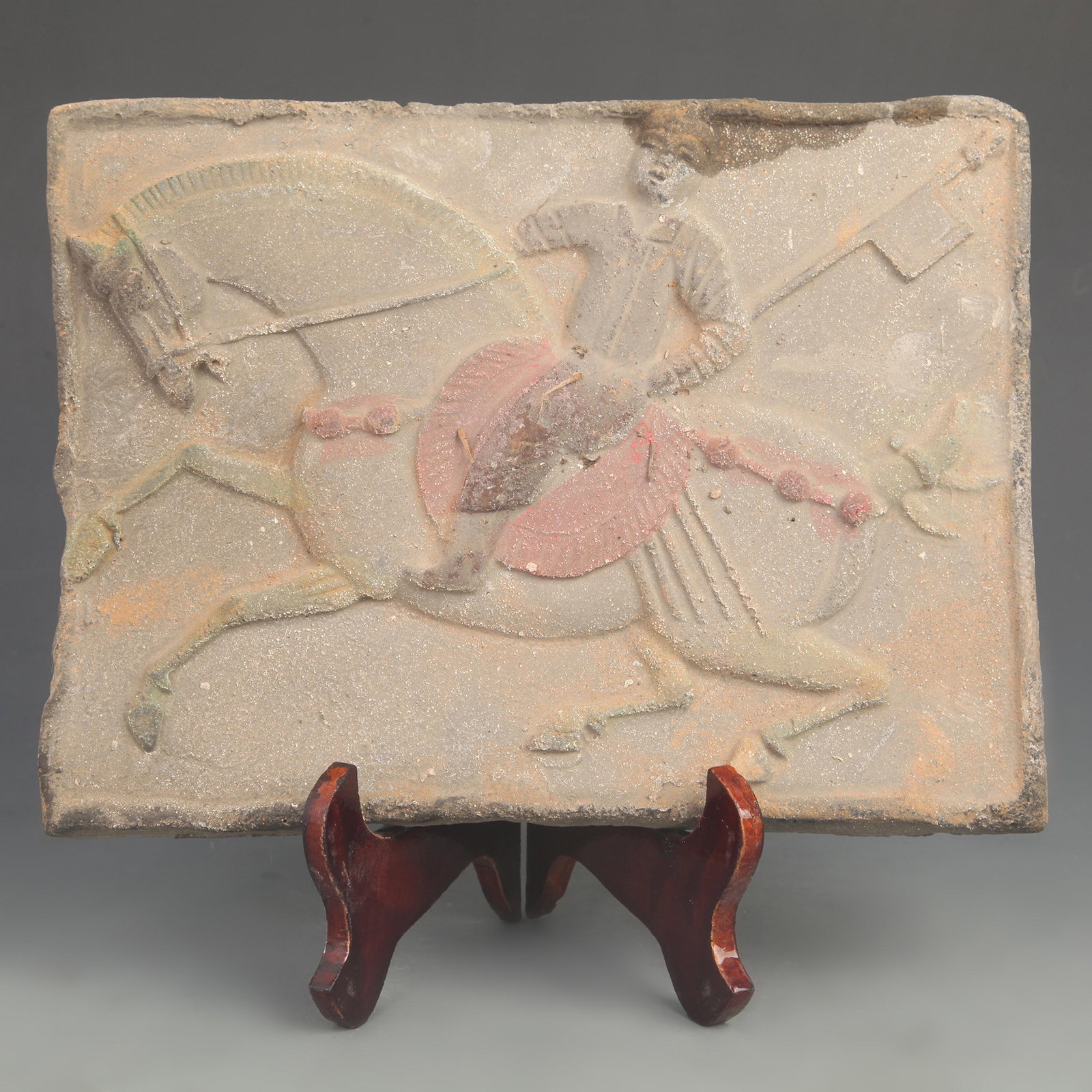 CERAMIC TILE CARVING PERSON PLAYING CUJU: Tang Dynasty Style; High: 7.50 inch; Width: 10.0 inch;