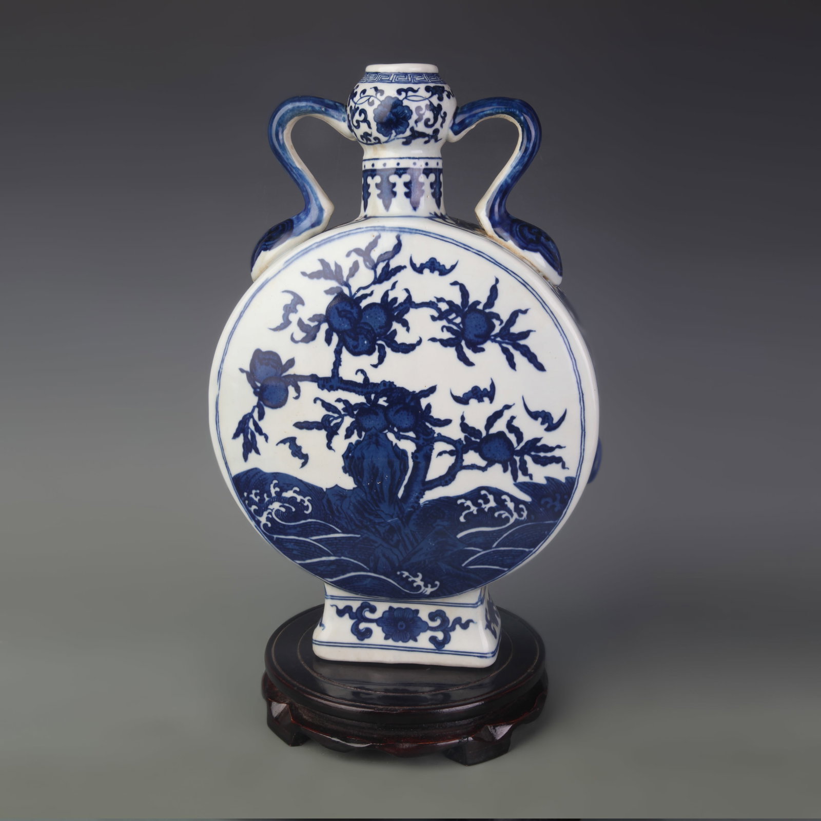 BLUE AND WHITE FORTUNE AND LONGEVITY DESIGN PORCELAIN VASE: Qing Dynasty, Width: 9.0 inch; High: 13.9 inch