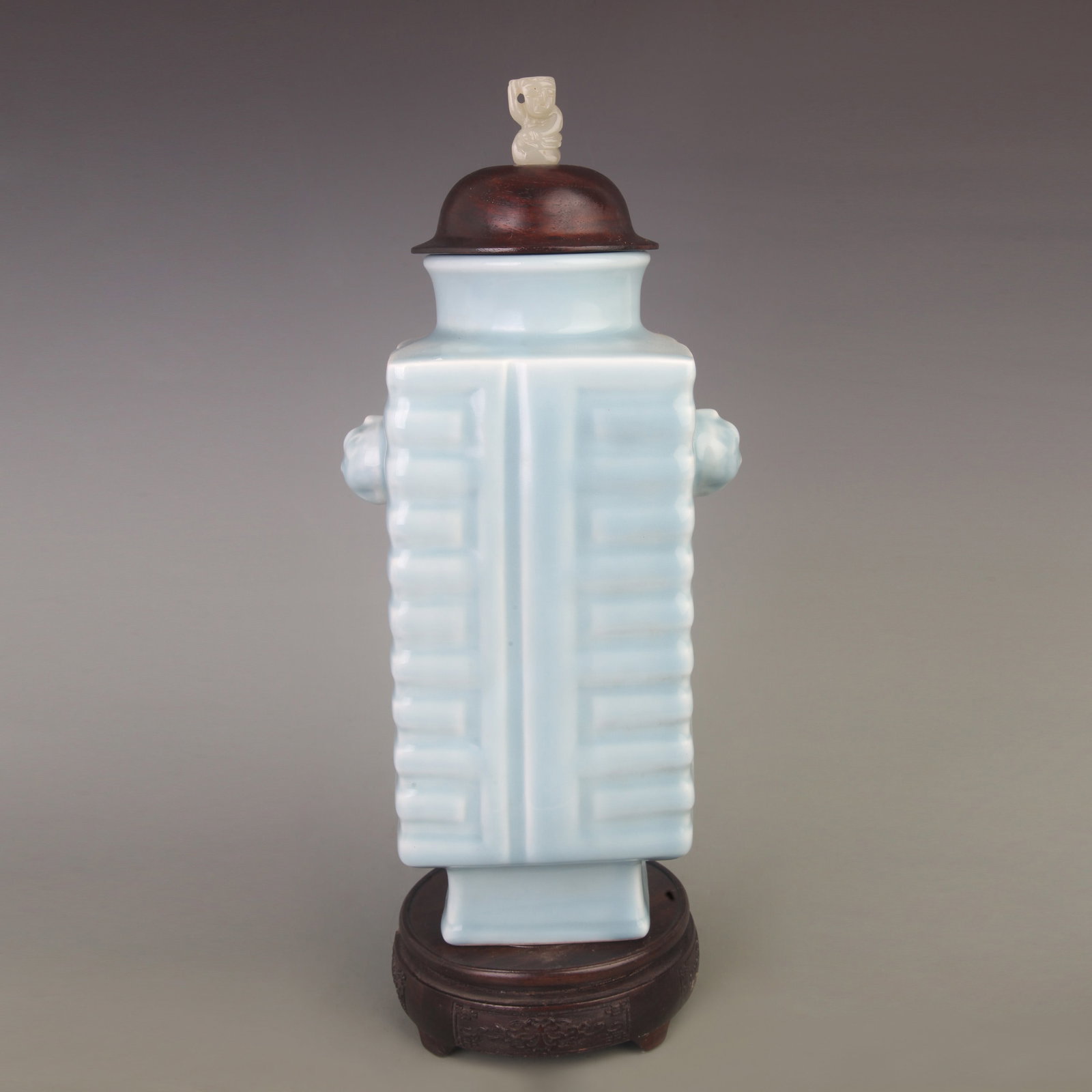 SKY-BLUE GLAZED CONG STYLE PORCELAIN JAR WITH ROSEWOOD AND WHITE JADE KNOB: Qing Dynasty; Width: 6.5 inch; High: 14.3 inch;