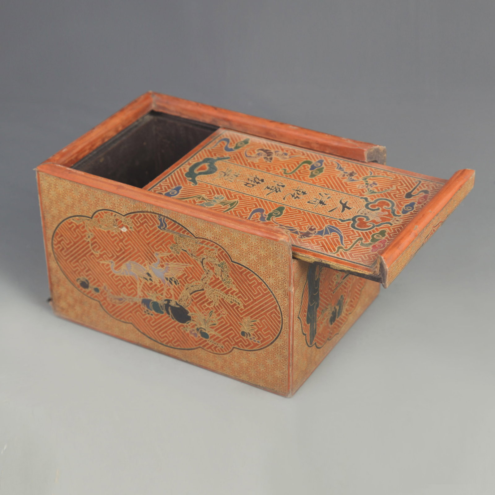 GOLD PAINTED PINE AND CRANE LONGEVITY PATTERN WOODEN STAMP BOX: Qing Dynasty Qian Long Period; High: 4.25 inch; Width: 4.75 inch; Long: 6.75 inch
