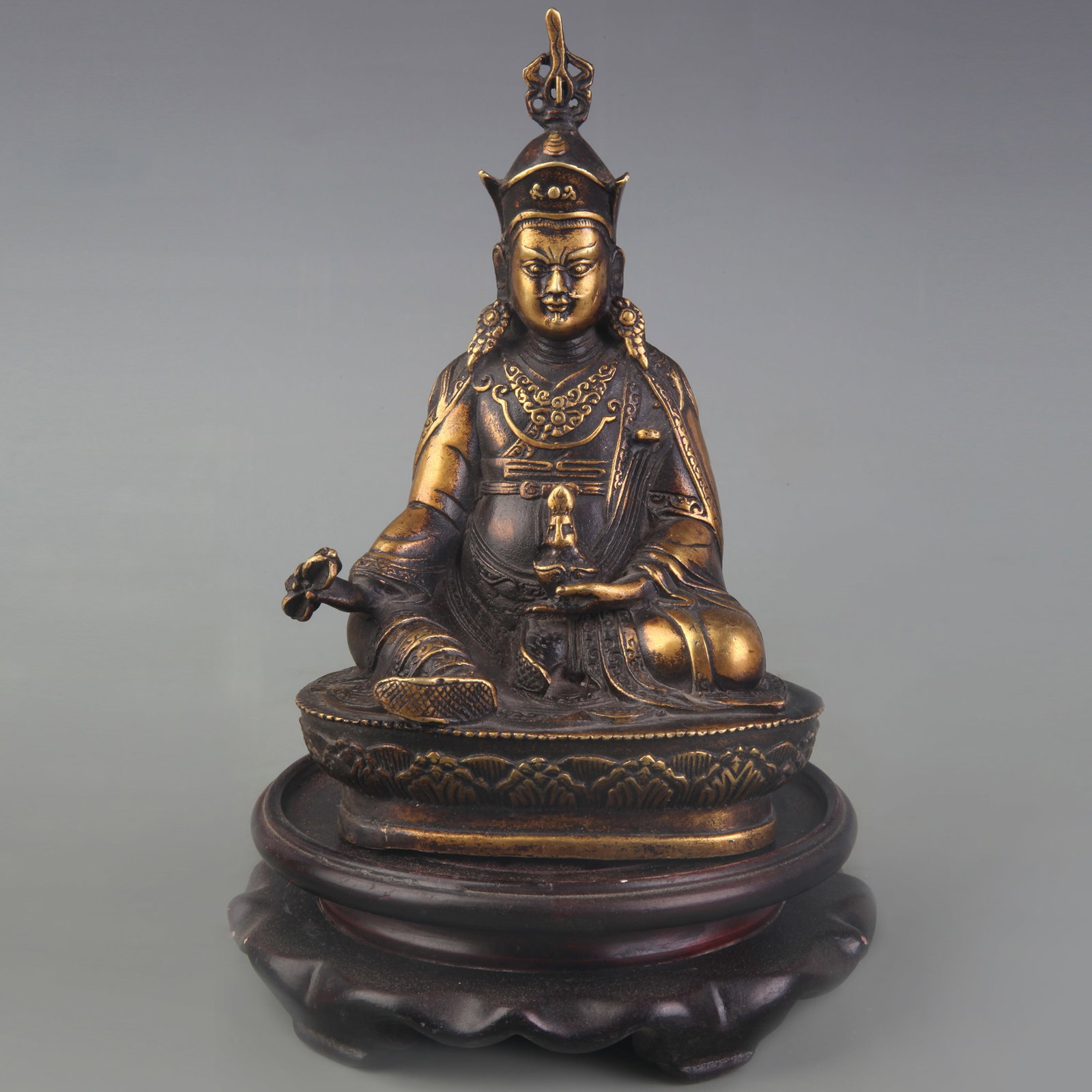 A FINE BRONZE PADMASAMBHAVA (LOTUS-BORN) STATUE: 20th Century; Width: 4.2 inch; High: 6.3 inch