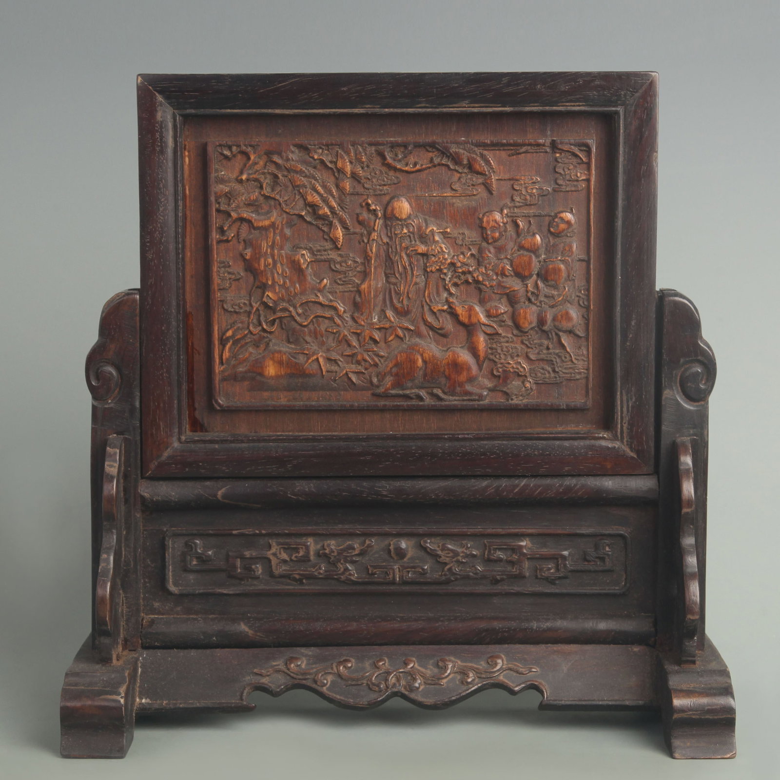 BLACK EBONY WOOD TABLE SCREEN WITH FU, LU, SHOU PATTERN: 20th Century; High: 10.0 inch; Width: 7.75 inch