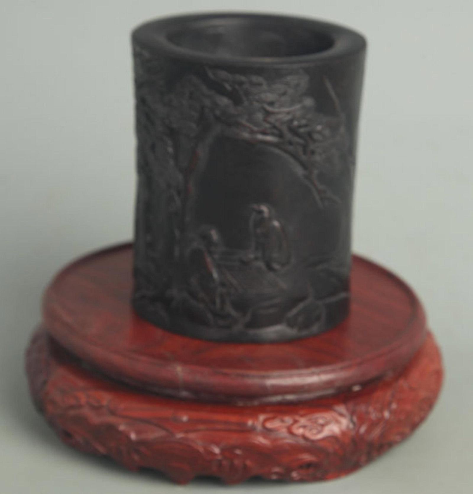 SANDALWOOD CARVED "CHESS GAME UNDER THE PINE" BRUSH POT (1 of 2)