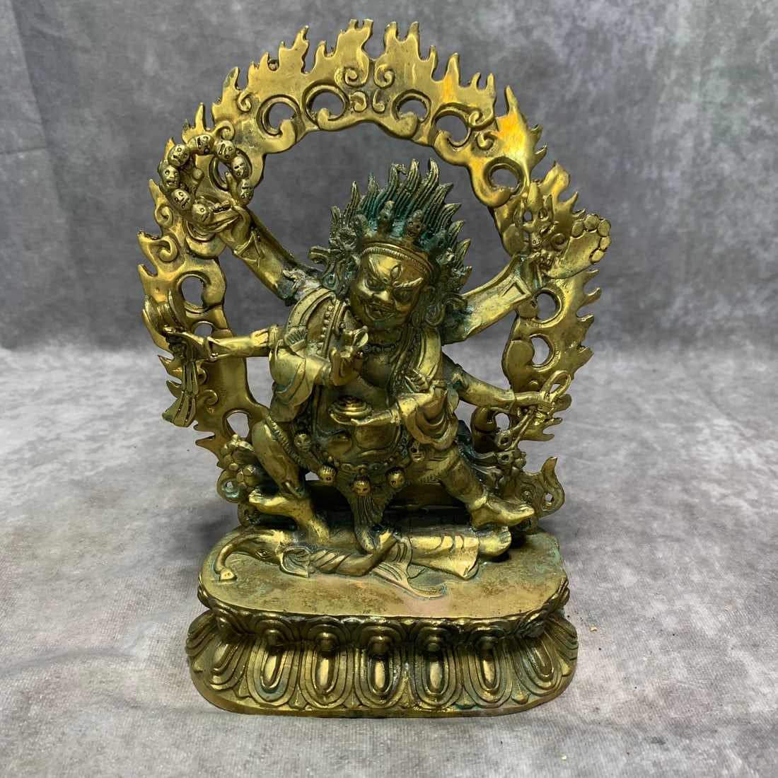 TIBETAN GILT BRONZE DHARMAPALA STATUE: Qing Dynasty; Long: 5.6 inch; Width: 2.8 inch; High: 8.5 inch;