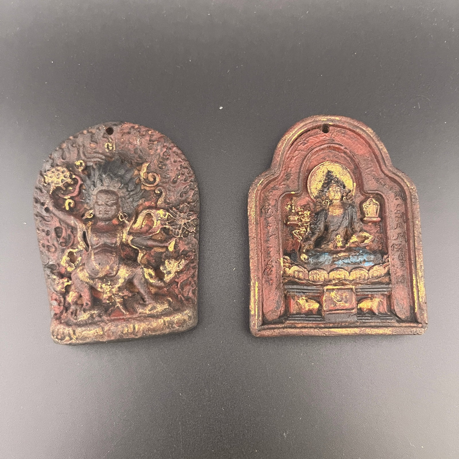GROUP OF CHINESE HERBAL AND MEDICINE WOOD MADE TIBETAN BUDDHIST AMULET PENDANTS: 20th Century; Long: 3.1 inch; Width: 2.38 inch; High: 0.52 inch; Long: 3.12 inch; Width: 2.35 inch; High: 0.6 inch;