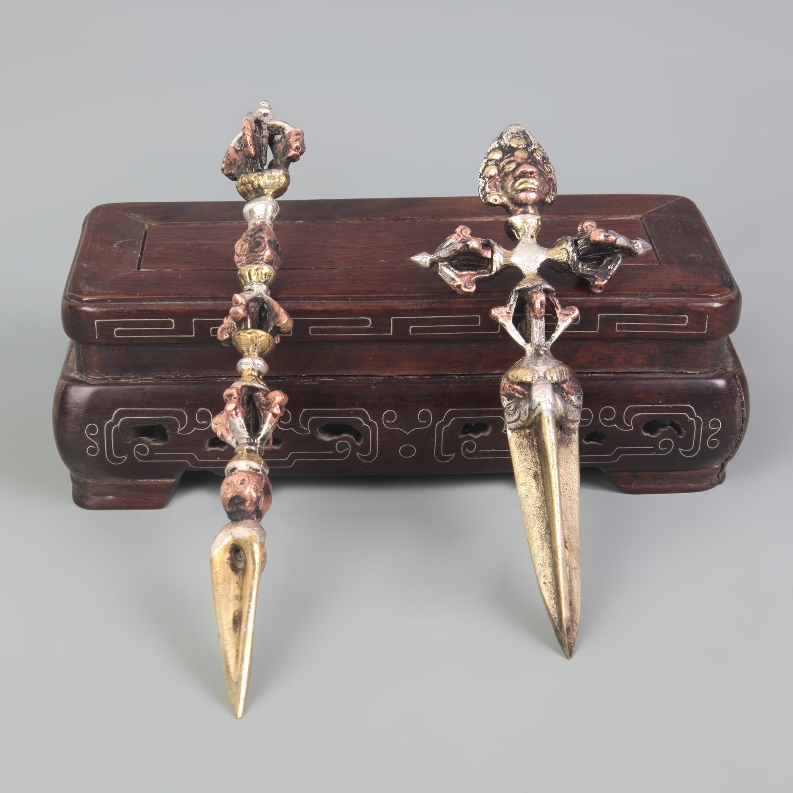 TIBETAN BUDDHISM RITUAL ITEMS, TWO VAJRA PESTLES: Qing Dynasty; Long: 5.8 inch to 6.8 inch