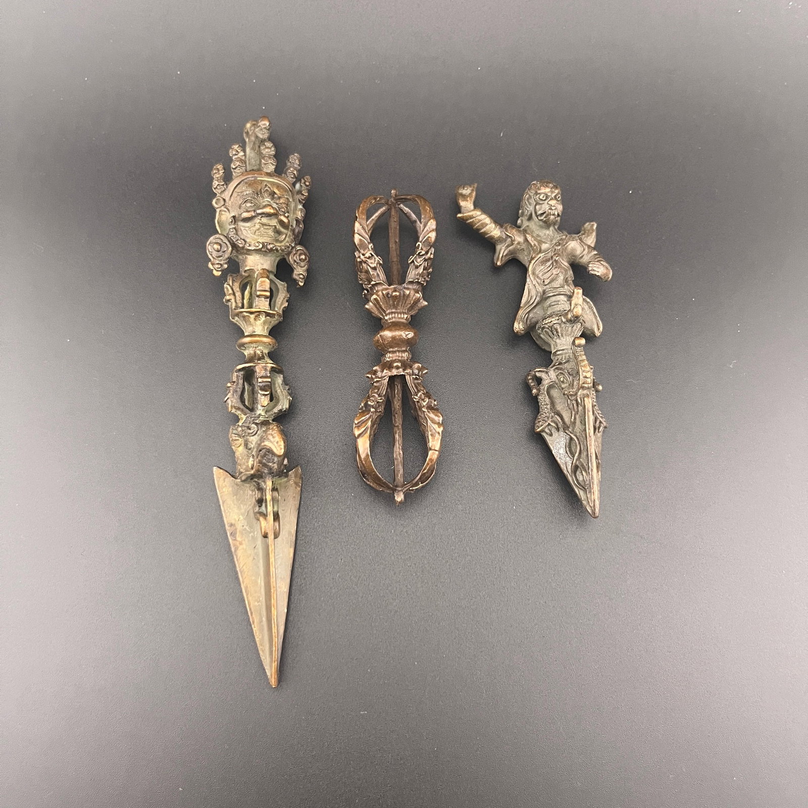 A GROUP OF TIBETAN BUDDHIST RITUAL IMPLEMENTS: Qing Dynasty; Long: 6.1 inch; Width: 1 inch; Long: 3.85 inch; Width: 1.5 inch; Long: 3.4 inch; Width: 1.15 inch;