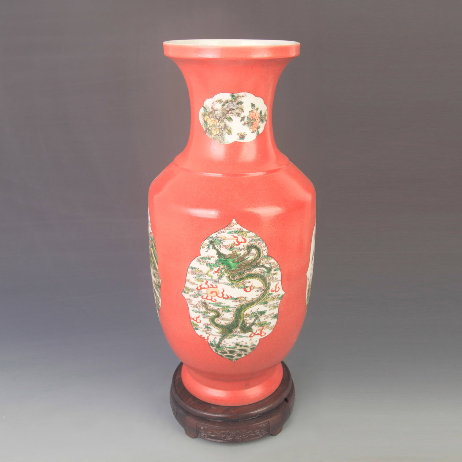 FAMILLE-ROSE RED-GROUND FLORAL-BIRD PATTERN PORCELAIN VASE: Qing Dynasty Kang Xi Period; High: 17.5 inch; Diameter: 7.50 inch