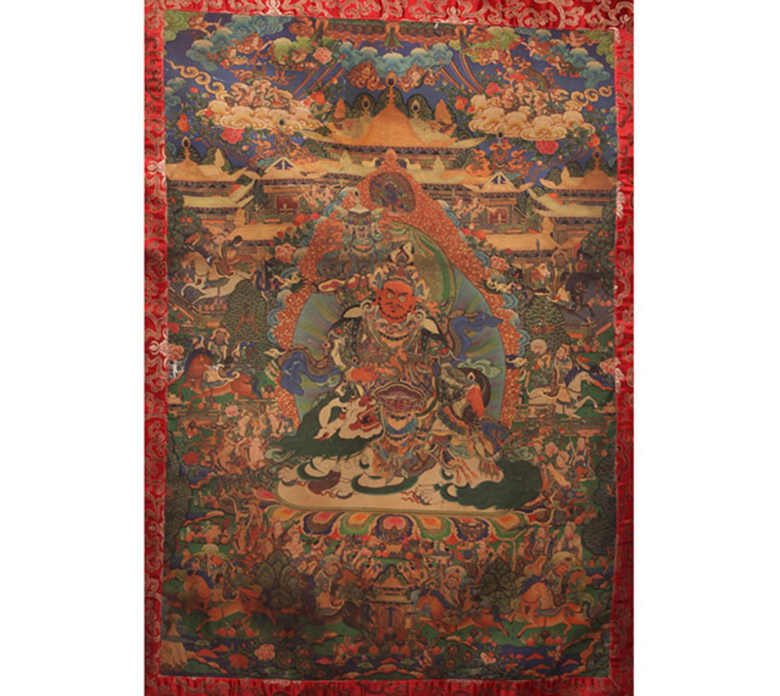 A DHARMAPALA (DHARMA PROTECTOR) THANGKA ON SILK: 20th Century; High: 35.0 inch; Width: 23.5 inch;