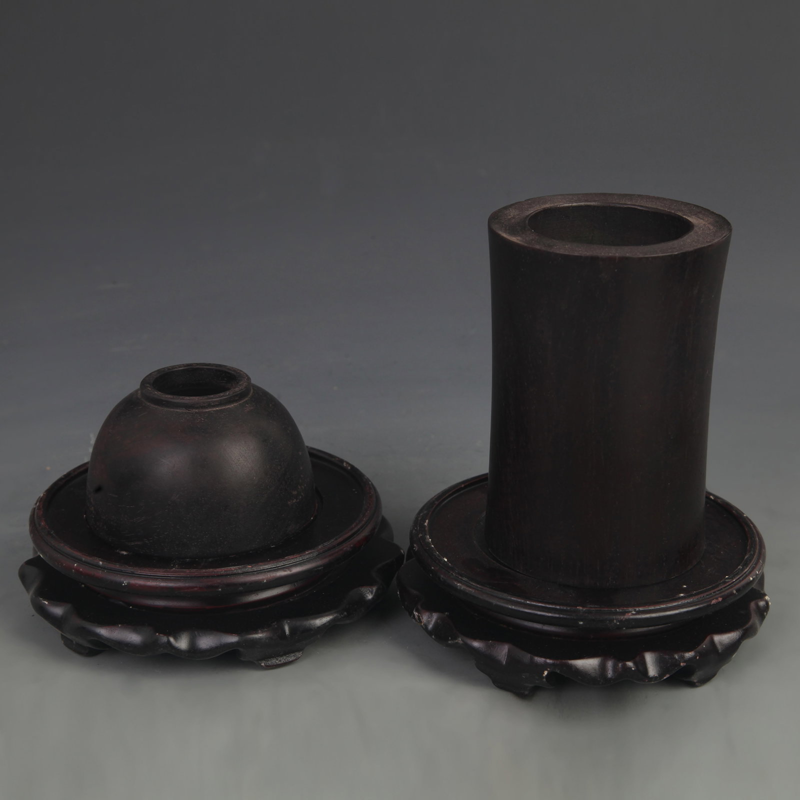SET OF EBONY BRUSH POT AND WATER JAR: 20th Century; High: 2.25 to 4.50 inch; Width: 1.50 to 3.00 inch