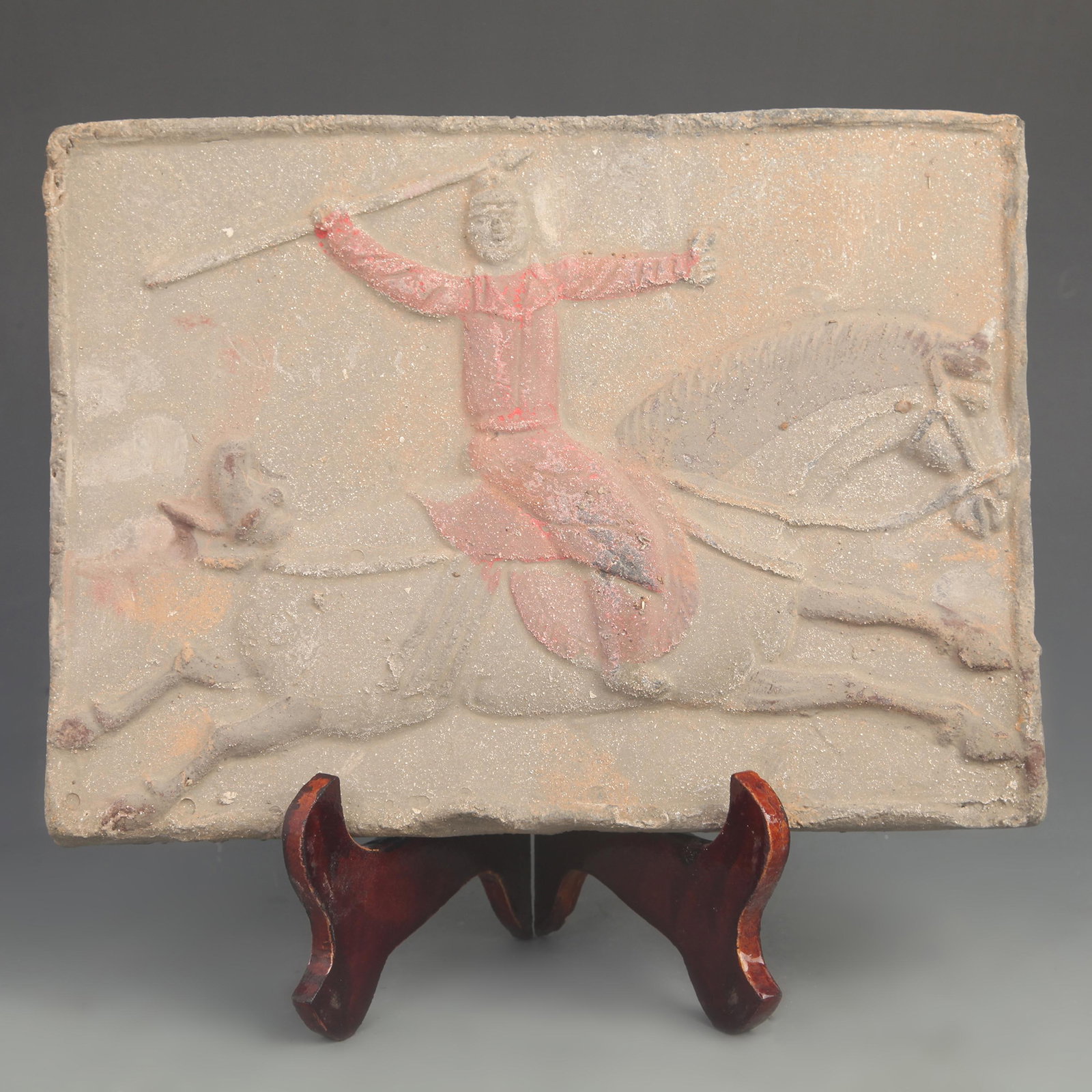 A FINE TANG DYNASTY STYLE PLAYING XI JIU CARVED ON CLAY BRICK: Tang Dynasty Style; High: 7.50 inch; Width: 10.0 inch;