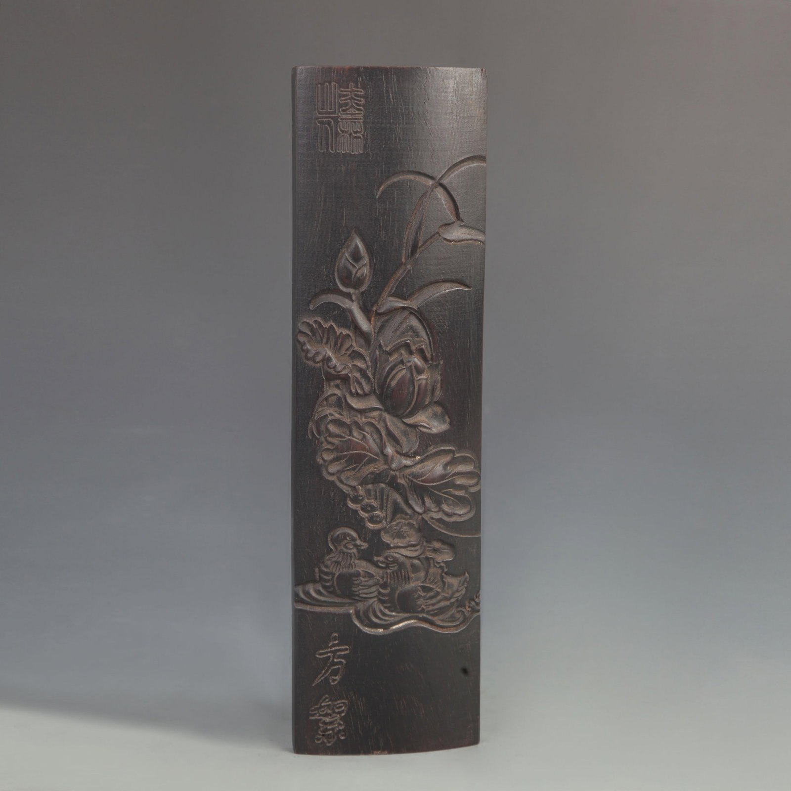 EBONY WOOD CARVED LOTUS POND MANDARIN DUCKS PATTERN ARM REST: 20th Century; High: 11.0 inch; Width: 3.00 inch;