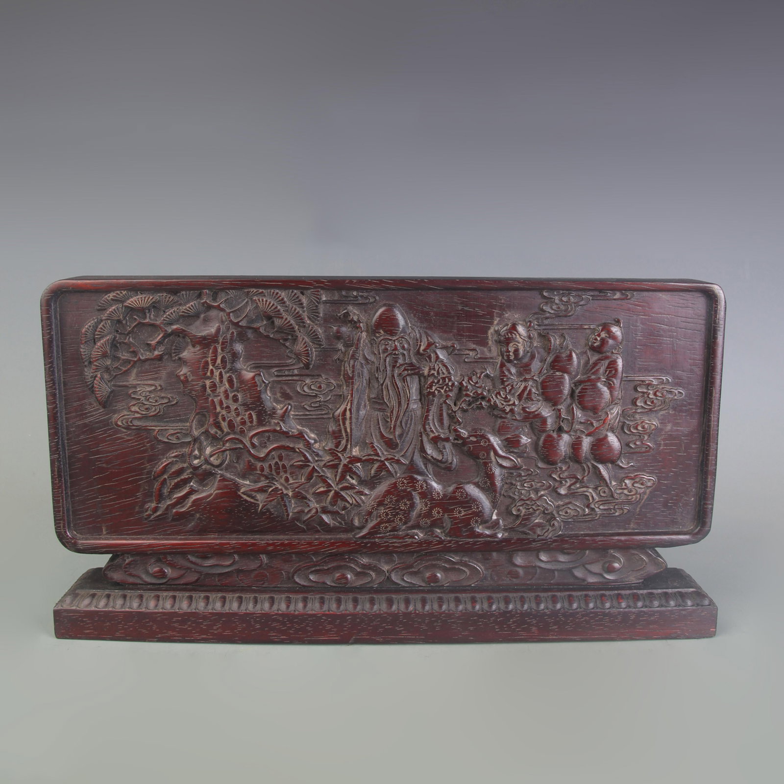 A SMALL ZITAN WOOD CARVED TABLE SCREEN INSCRIBED “HARMONY BRINGS PROSPERITY (1 of 5)