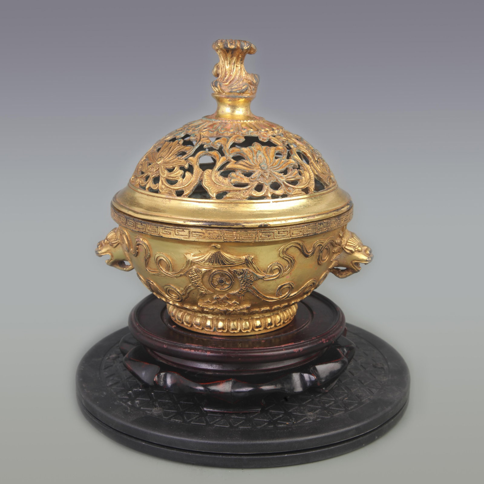 RARE GILT-BRON CENSER WITH BEAST HANDLES AND FLORAL MOTIFS: Ming Dynasty Style; Diameter: 8.0 inch; High: 8.3 inch