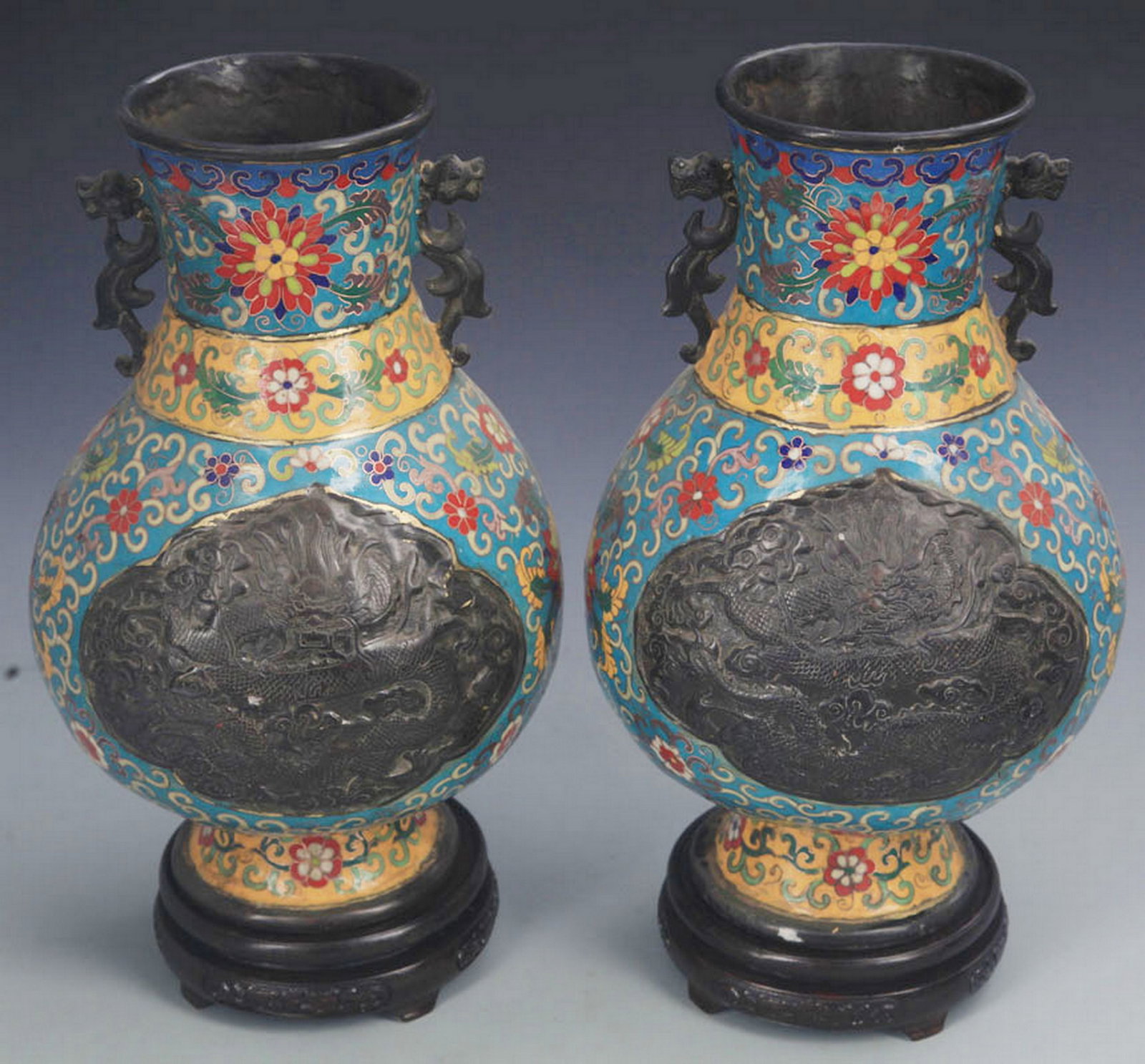 PAIR OF CLOISONNÉ ENAMEL DRAGON-DECORATED DOUBLE-EARED VASES: Ming Dynasty Style; High: 12.25 inch; Diameter: 4.0 inch