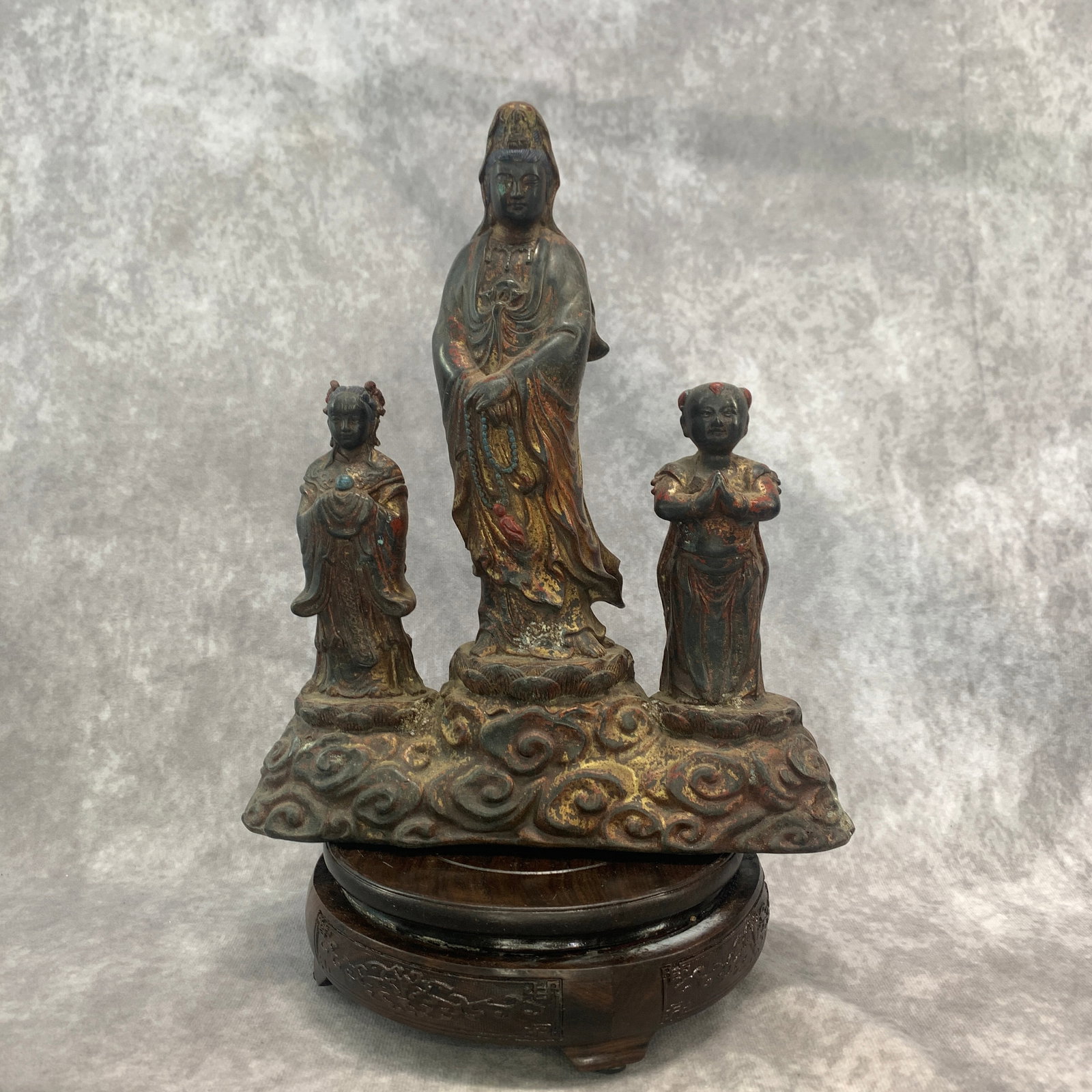 A FINE BRONZE BUDDHIST TRIAD IN FIGURE OF GUANYIN BODHISATTVA: Long: 8.7 inch; Width: 2.9 inch; High: 10 inch;