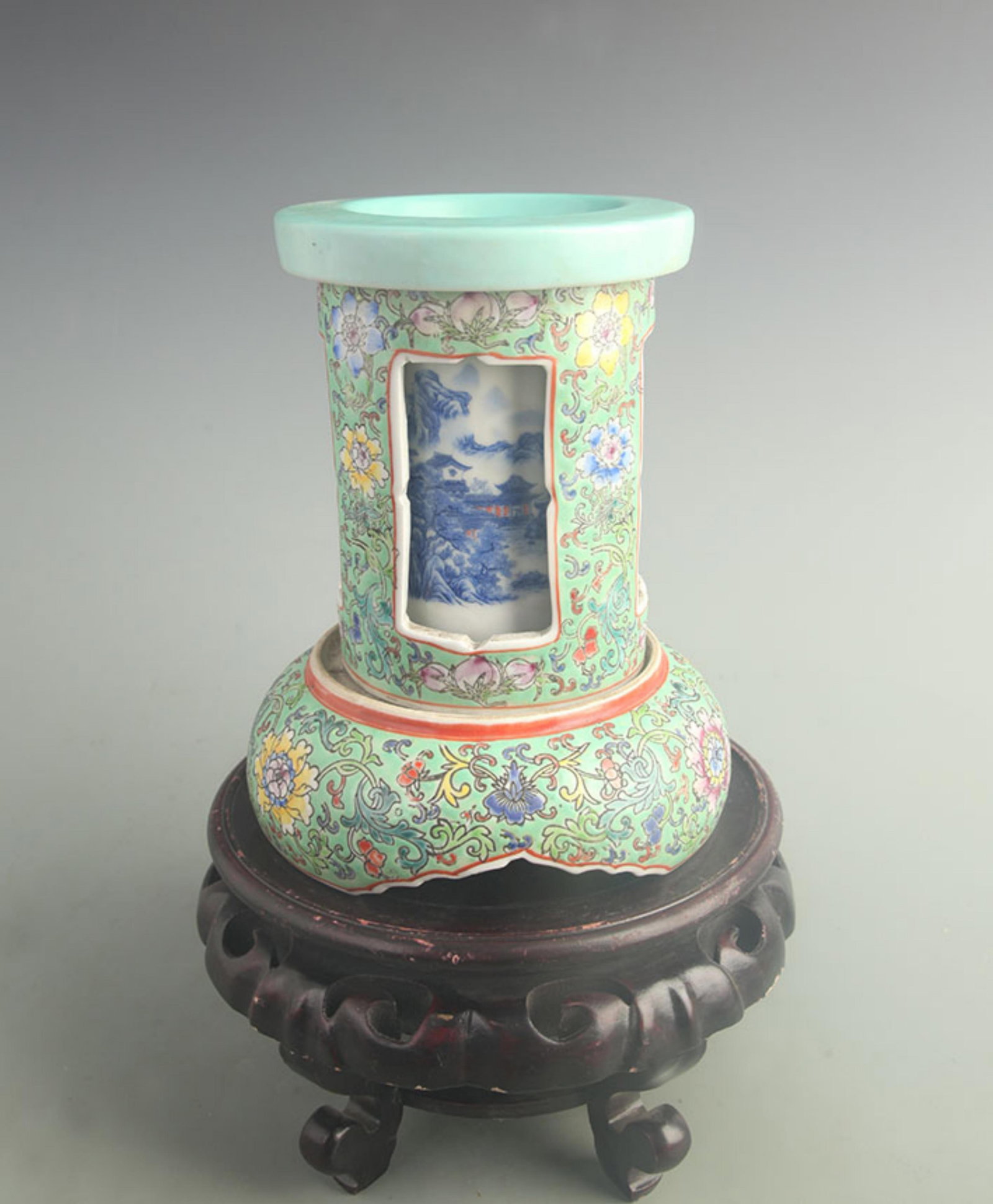 A GREEN-GROUND BRUSH POT WITH FLORAL DECORATION AND REVOLVING INTERIOR DESIGN (1 of 5)