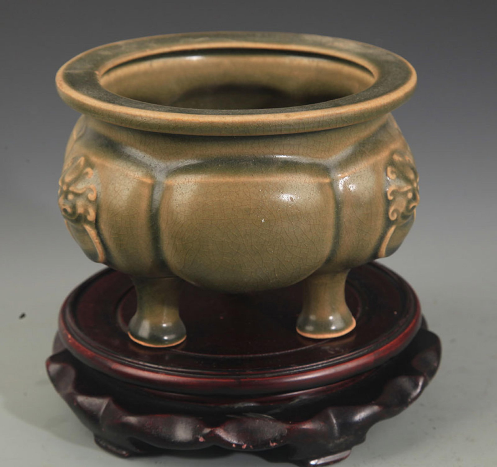YAOZHOU KILN CELADON MELON-RIBBED DOUBLE-EARED CENSER: Song Dynasty Style;High: 4.25 inch; Diameter: 4.5 inch