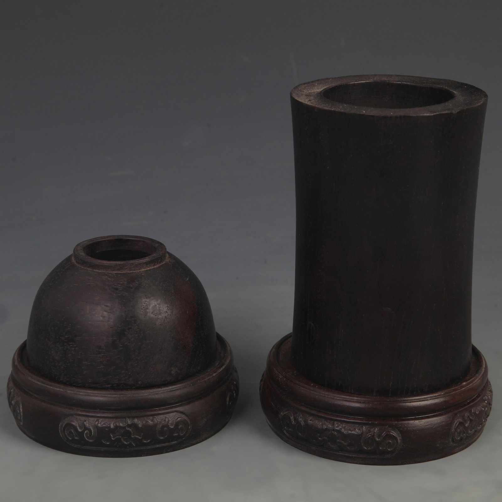 A FINE EBONY WOOD PEN HOLDER WITH WATER SCOOP: 20th Century; High: 2.25-4.50 inch; Width: 1.50-3.00 inch;