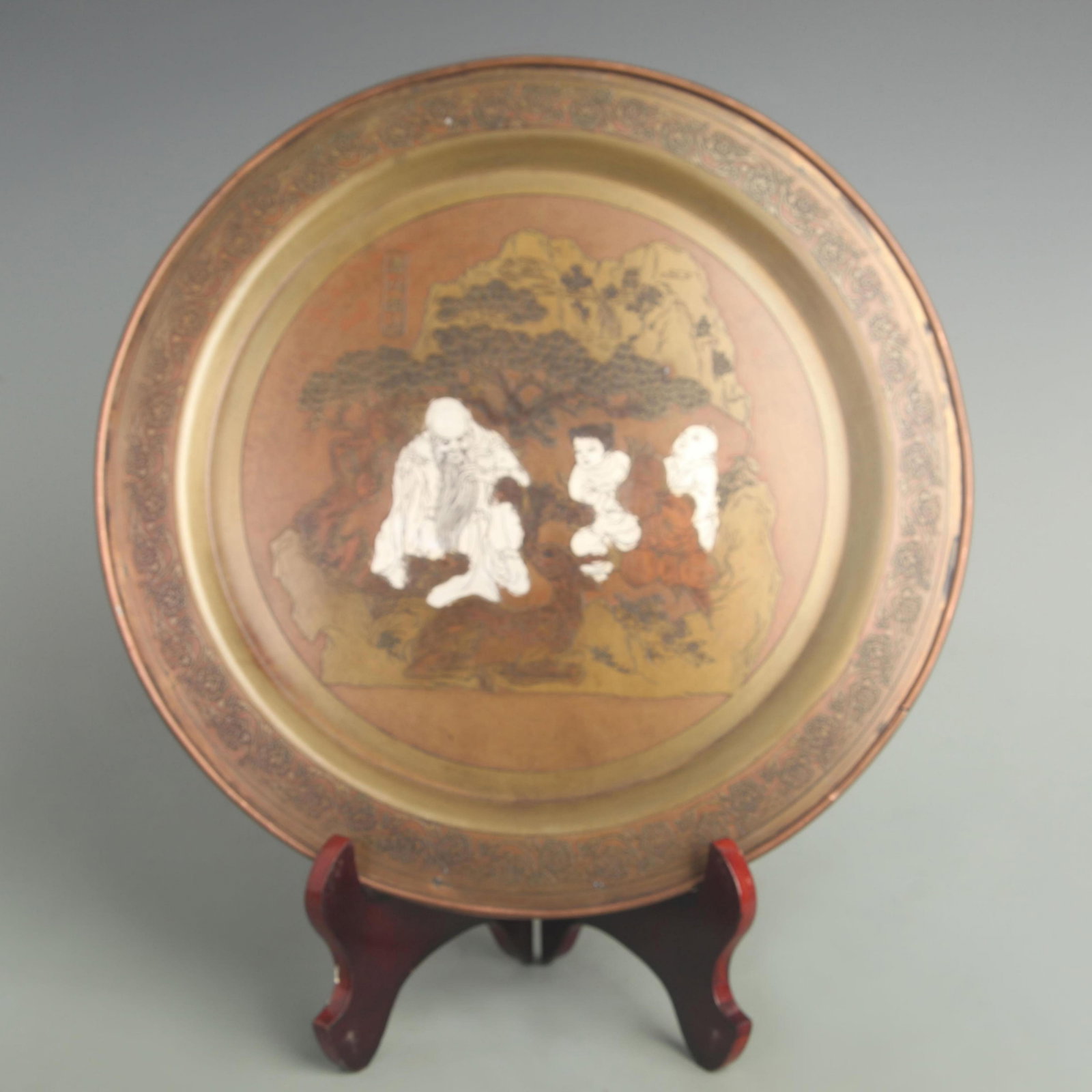 A BRONZE INLAID SILVER LONGEVITY PLATE: 19th Century; Diameter: 11.5 inch;