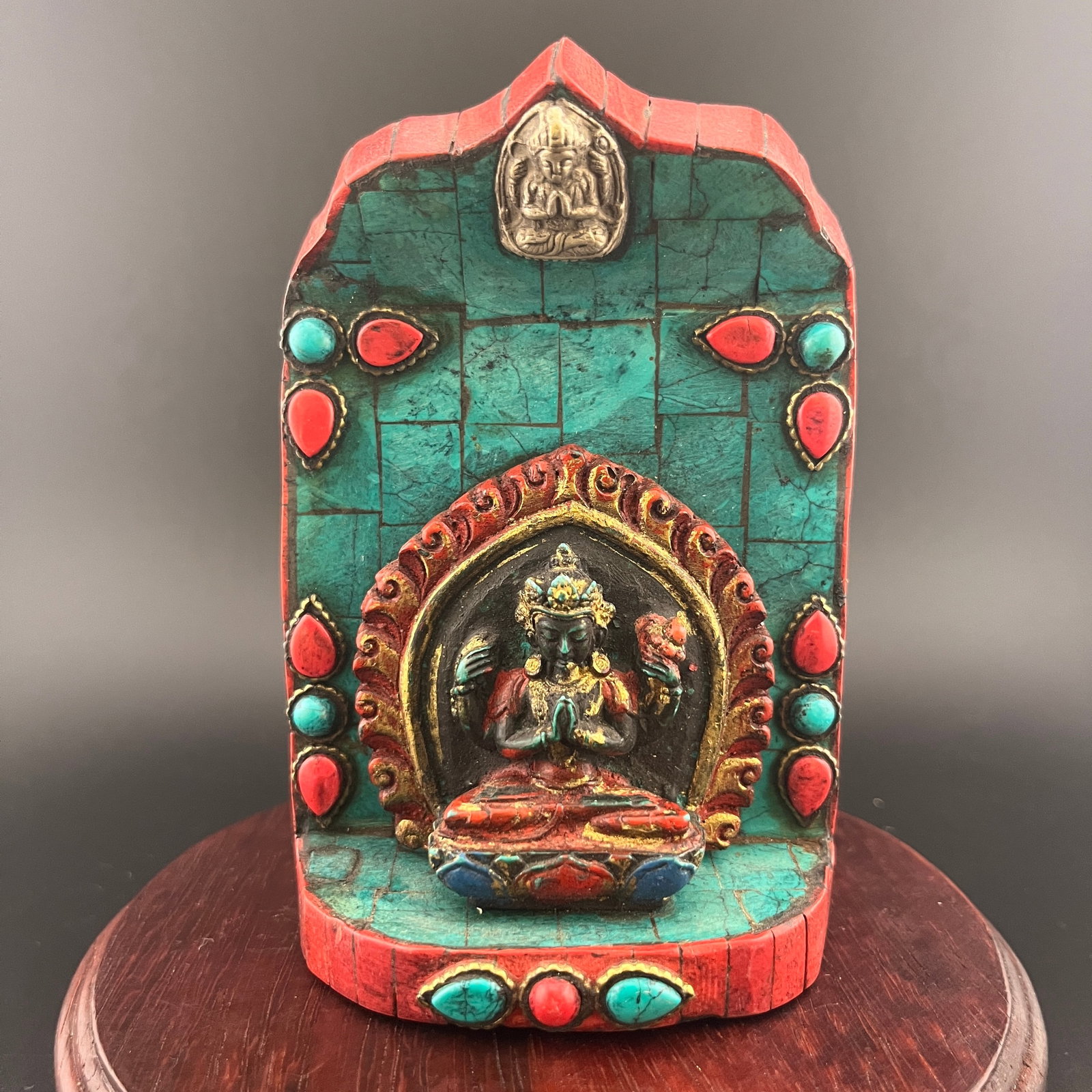 TIBETAN PORTABLE FOUR ARMED AVALOKITESHVARA WITH TURQUOISE AND CORAL: Long: 1.7 inch; Width: 3.08 inch; High: 4.68 inch;