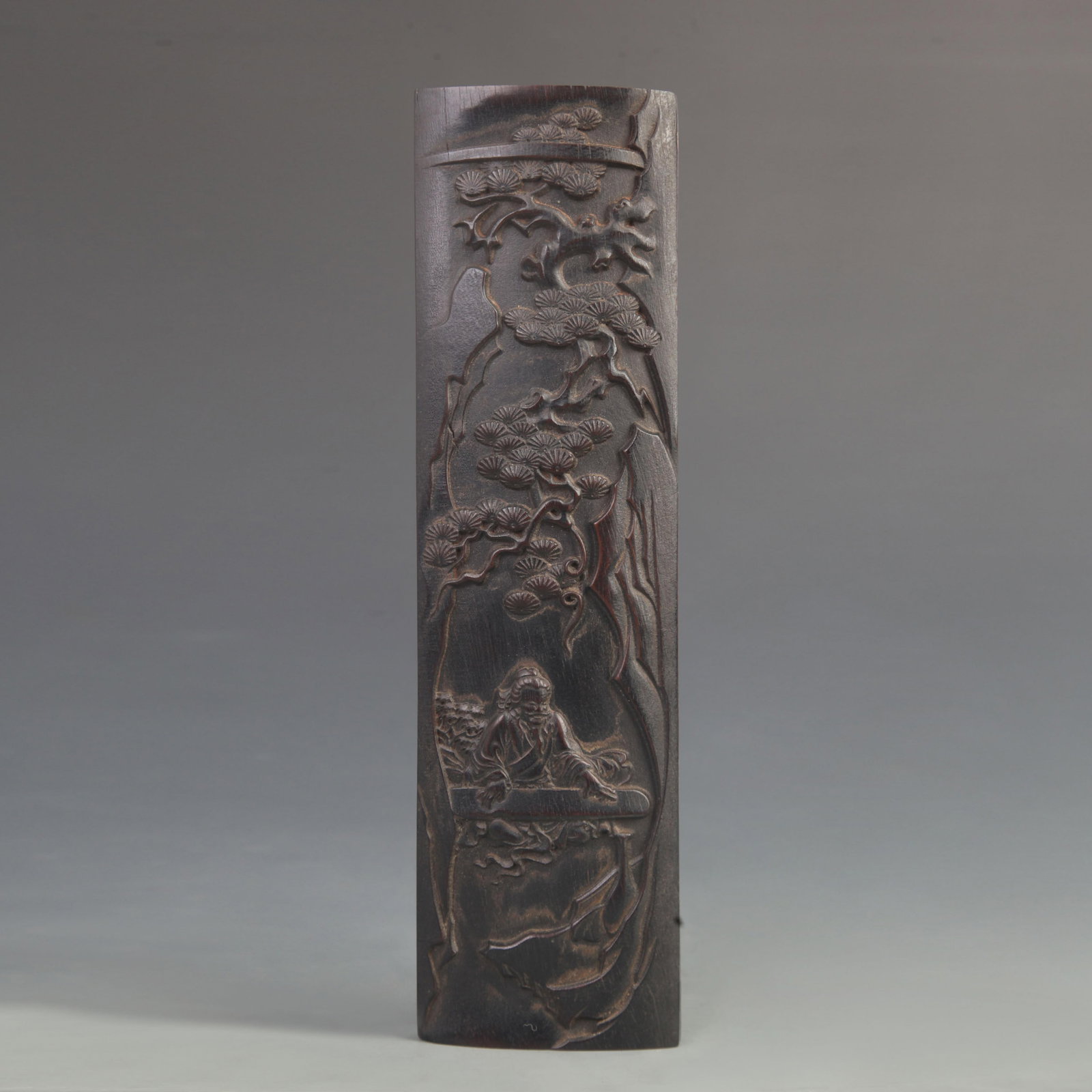 EBONY CARVED "PLAYING THE ZITHER UNDER THE PINE TREE" ARM REST: 20th Century; High: 11.0 inch; Width: 3.00 inch