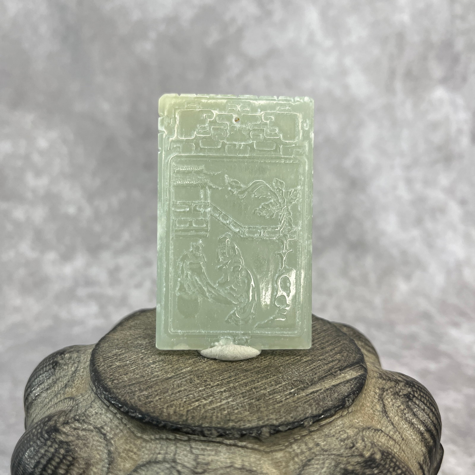 A FINE HETIAN CELADON JADE PENDANT WITH LITERATI STYLE SCENE: Qing Dynasty; Long: 2.66 inch; Width: 1.62 inch; High: 0.2 inch;