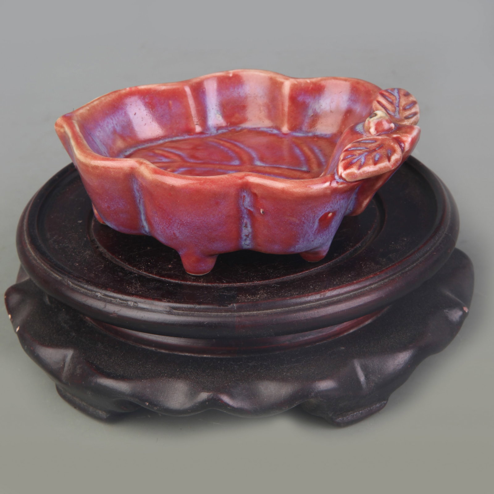 A FINE JUN TYPE LOTUS LEAF PORCELAIN BRUSH WASHER: Qing Dynasty; Long: 4.0 inch