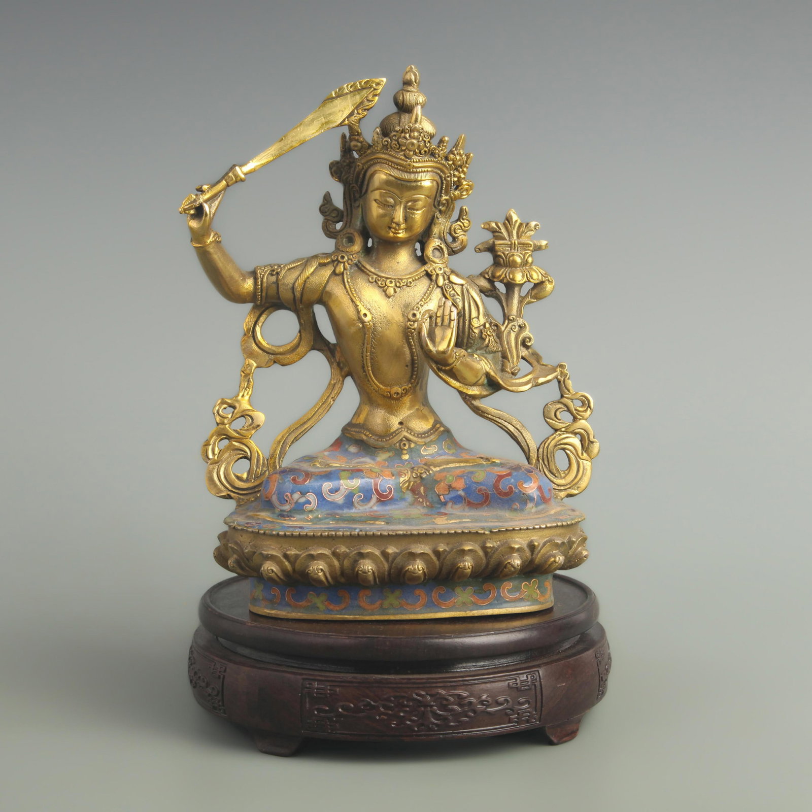 A FINE CLOISONNE ENAMEL BRONZE MANJUSRI BUDDHA: 19th Century;High: 8.20 inch; Width: 2.80 inch; Long: 4.50 inch;