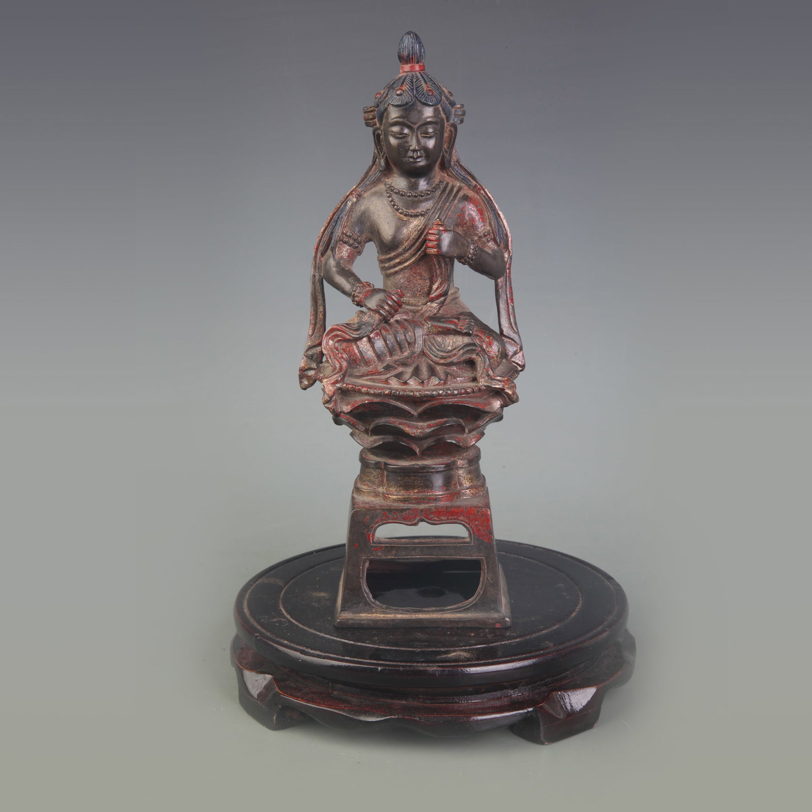 A FINE BRONZE SEATED SHAKYAMUNI FIGURE: Qing Dynasty; Width: 4.0 inch; High: 9.5 inch; Woodbase for picture and display only