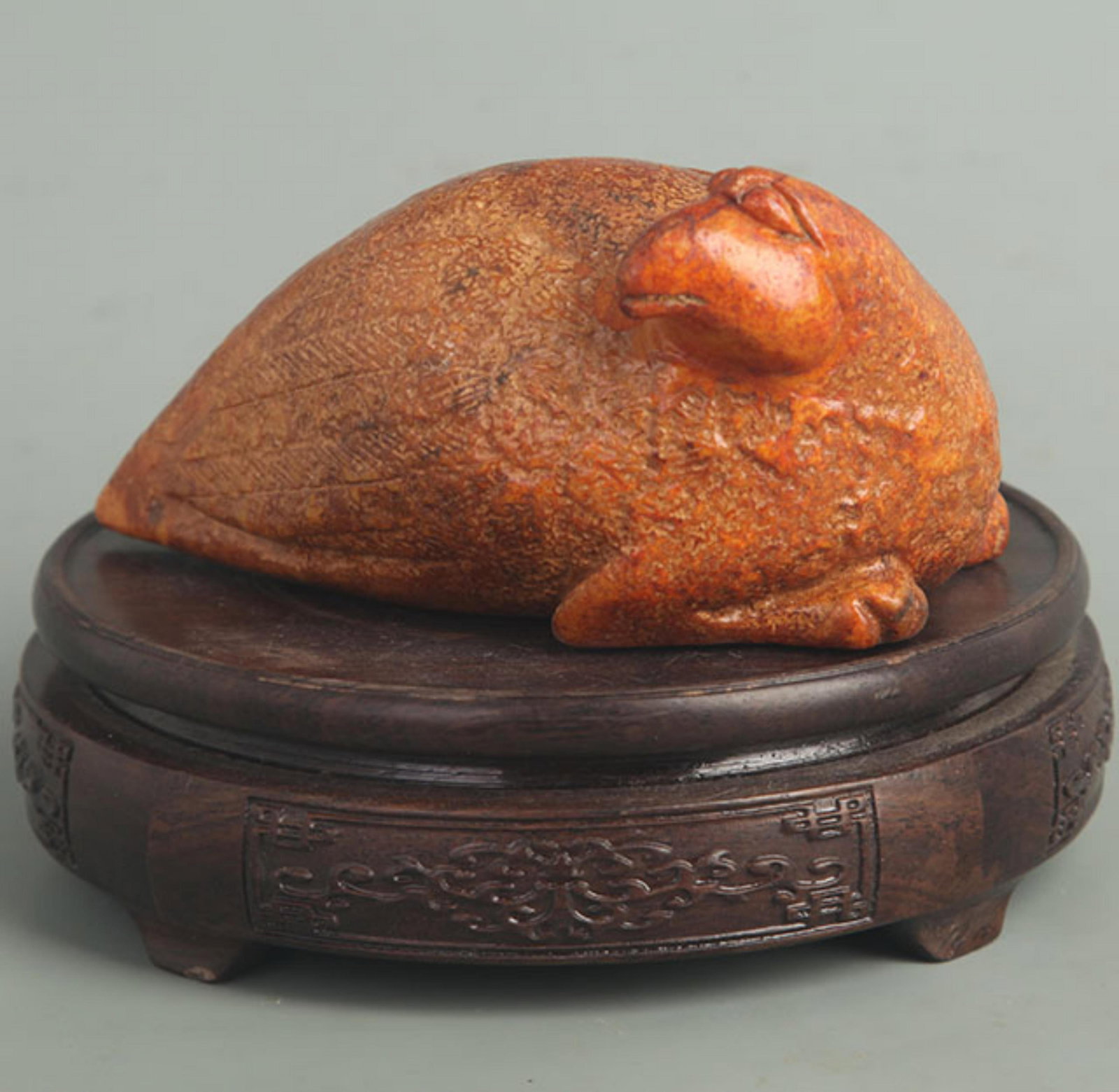 A FINE OLD JADE IN FIGURE OF QUAIL: Shang Zhou Period Style; High: 3.00 inch; Width: 5.50 inch; Woodbase for picture and display only