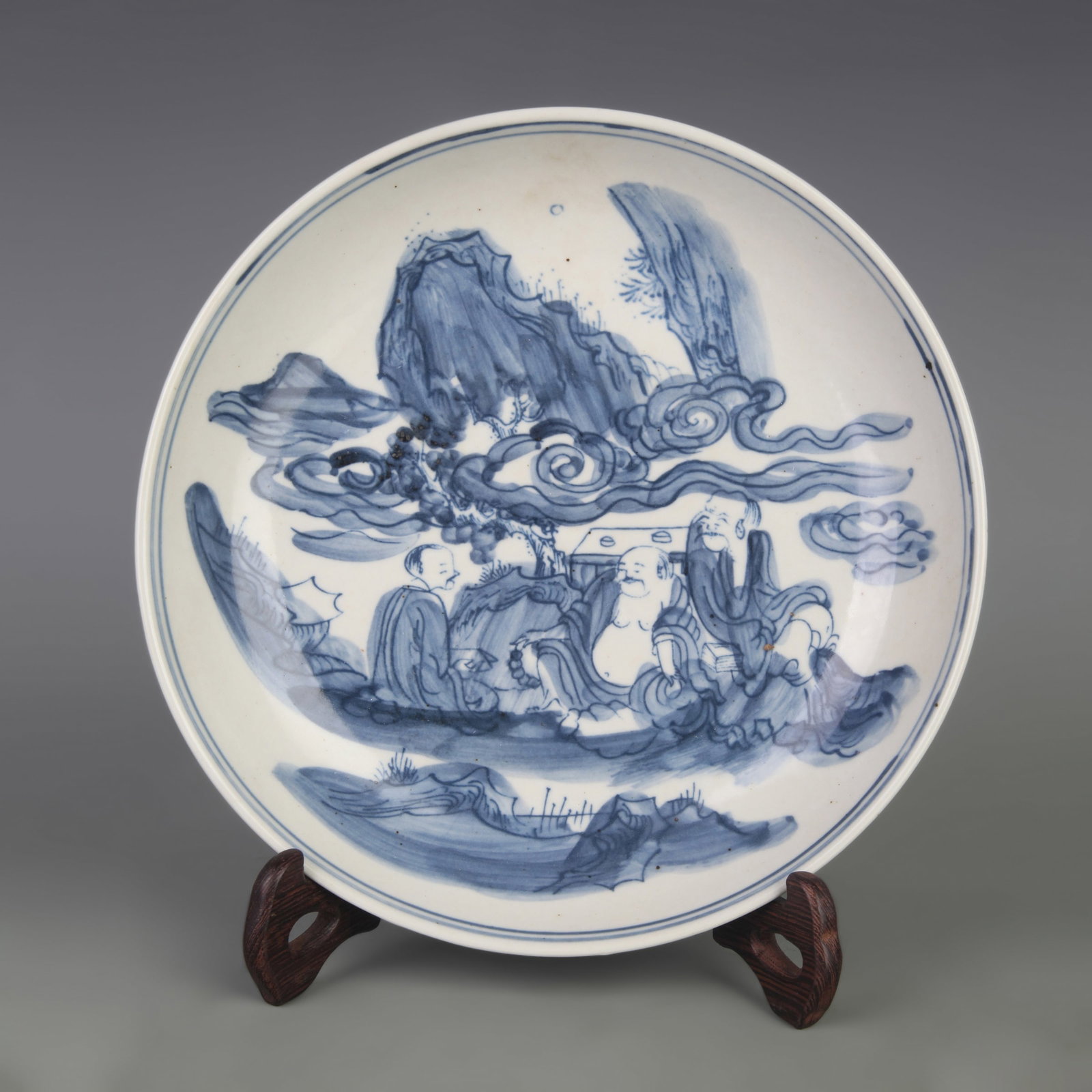 BLUE AND WHITE PLATE WITH HUMAN STORY FIGURES: Ming Dynasty Style; Diameter: 8.3 inch; High: 1.5 inch; Woodbase for picture and display only