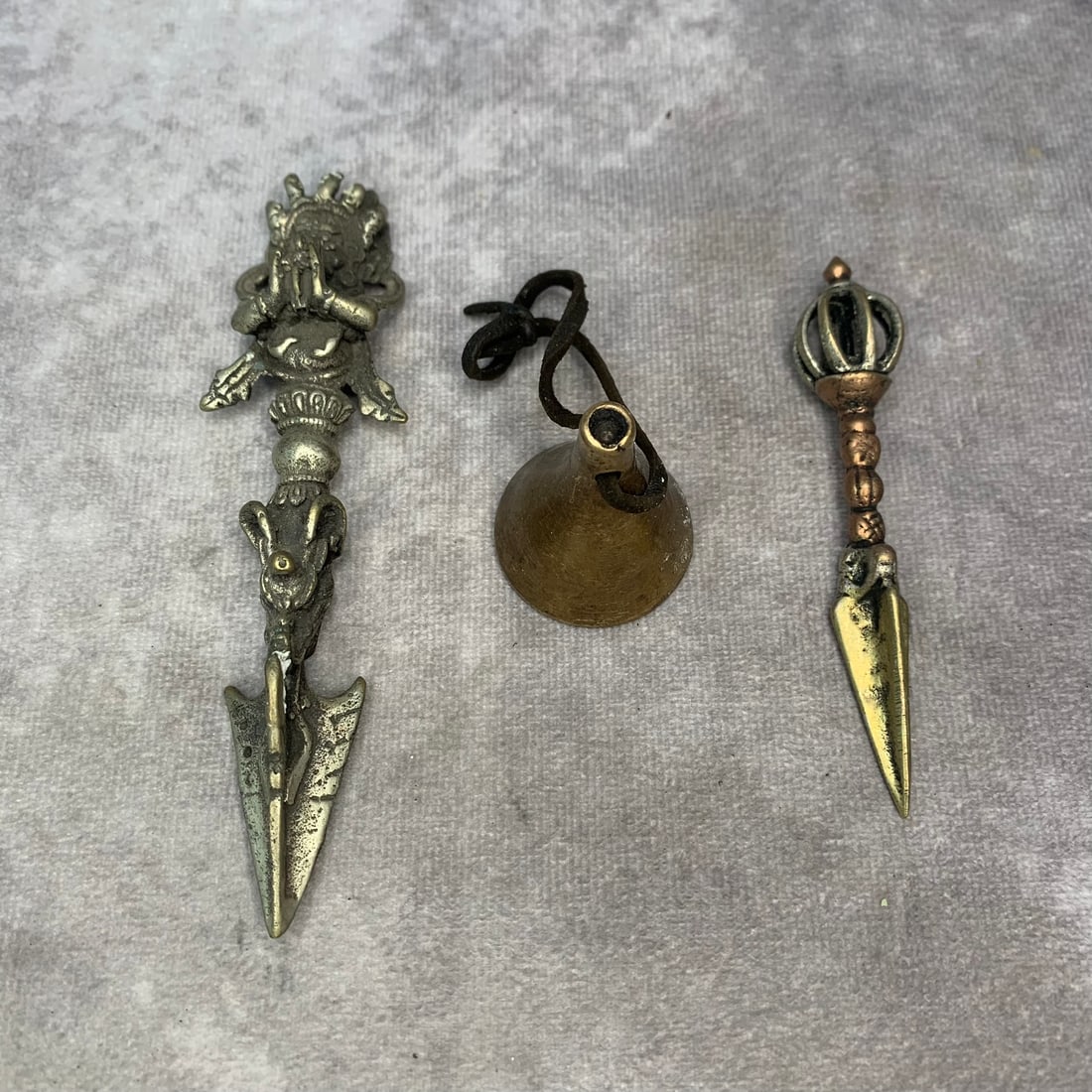 TIBETAN BUDDHIST BRONZE RITUAL IMPLEMENTS: Modern, High: 4.9 inch Width: 3.5 inch Long: 1.4 inch; Woodbase for picture and display only